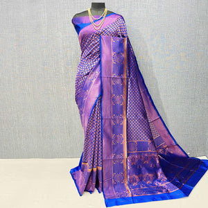 Blue & Golden Woven Banarasi Silk Saree - Peachmode