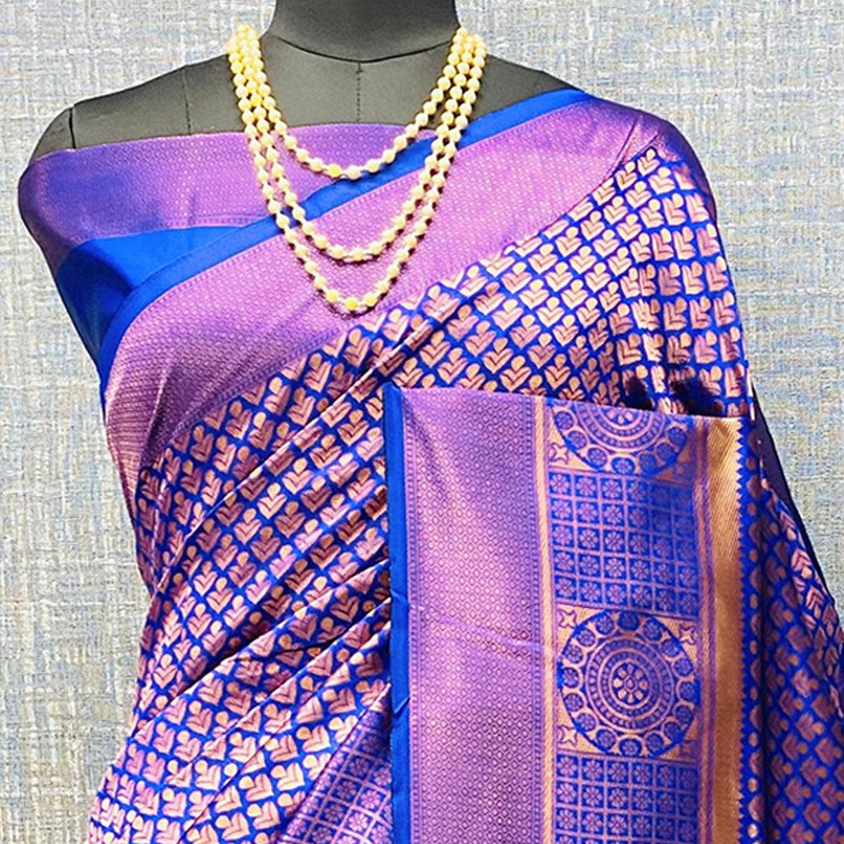 Blue & Golden Woven Banarasi Silk Saree - Peachmode