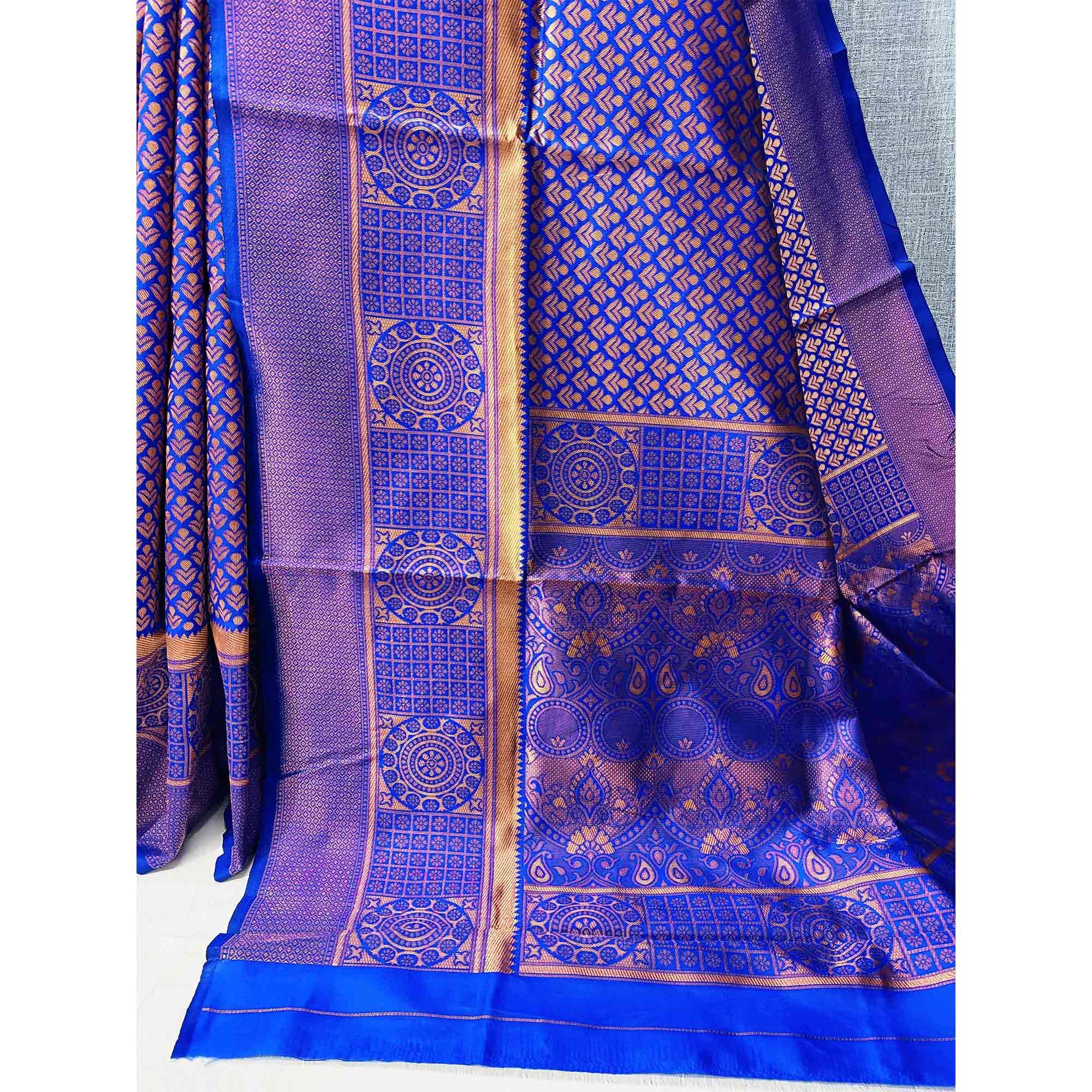 Blue & Golden Woven Banarasi Silk Saree - Peachmode