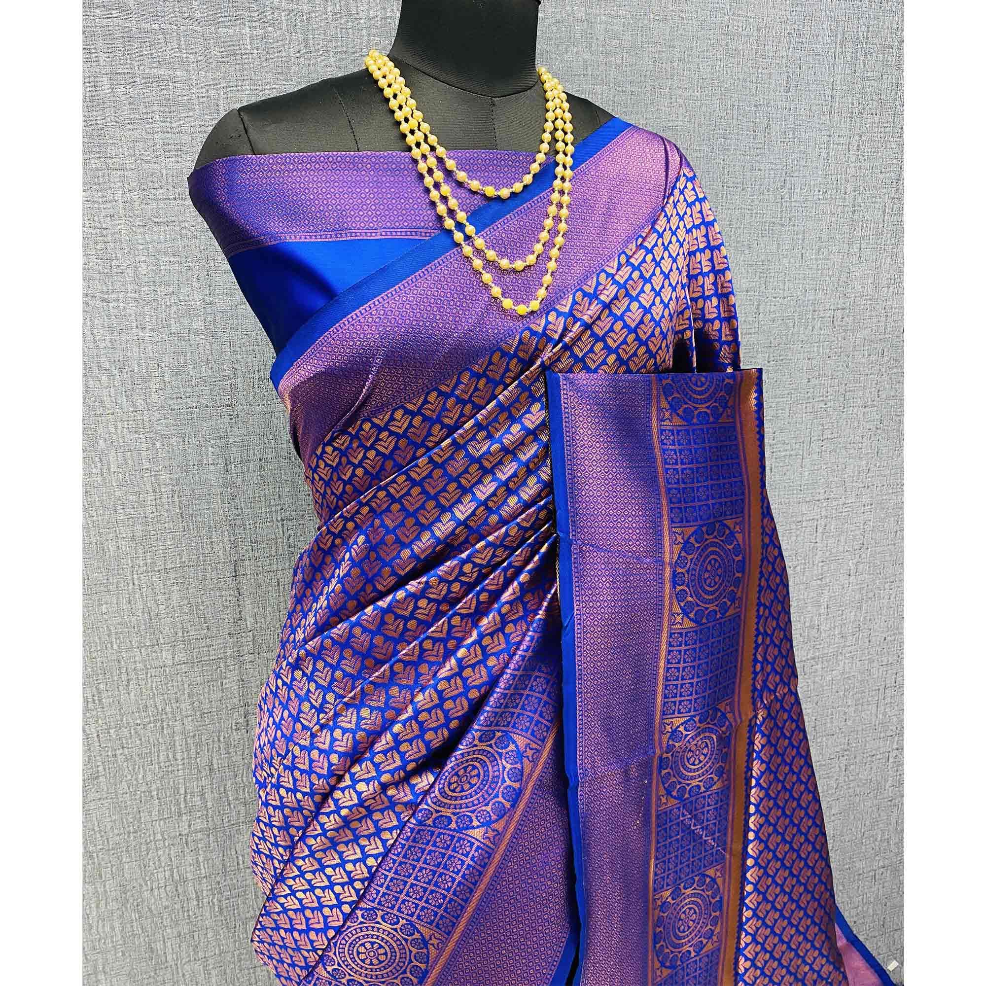 Blue & Golden Woven Banarasi Silk Saree - Peachmode