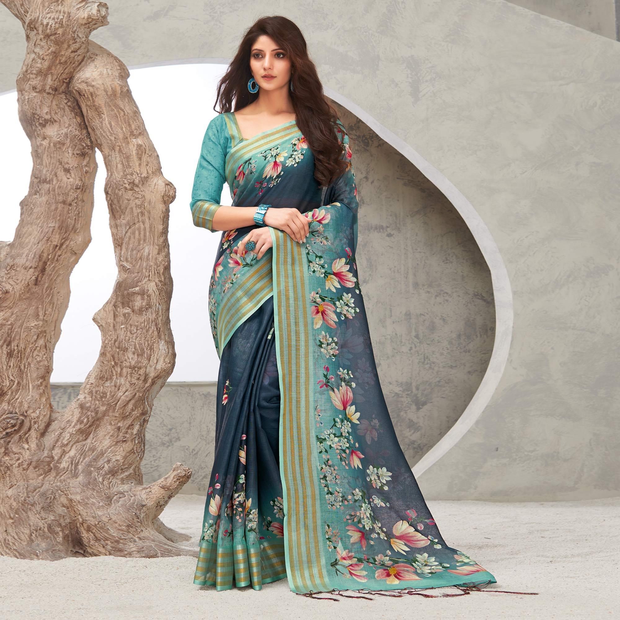 Blue & Green Casual Wear Digital Printed Pure Linen Saree - Peachmode