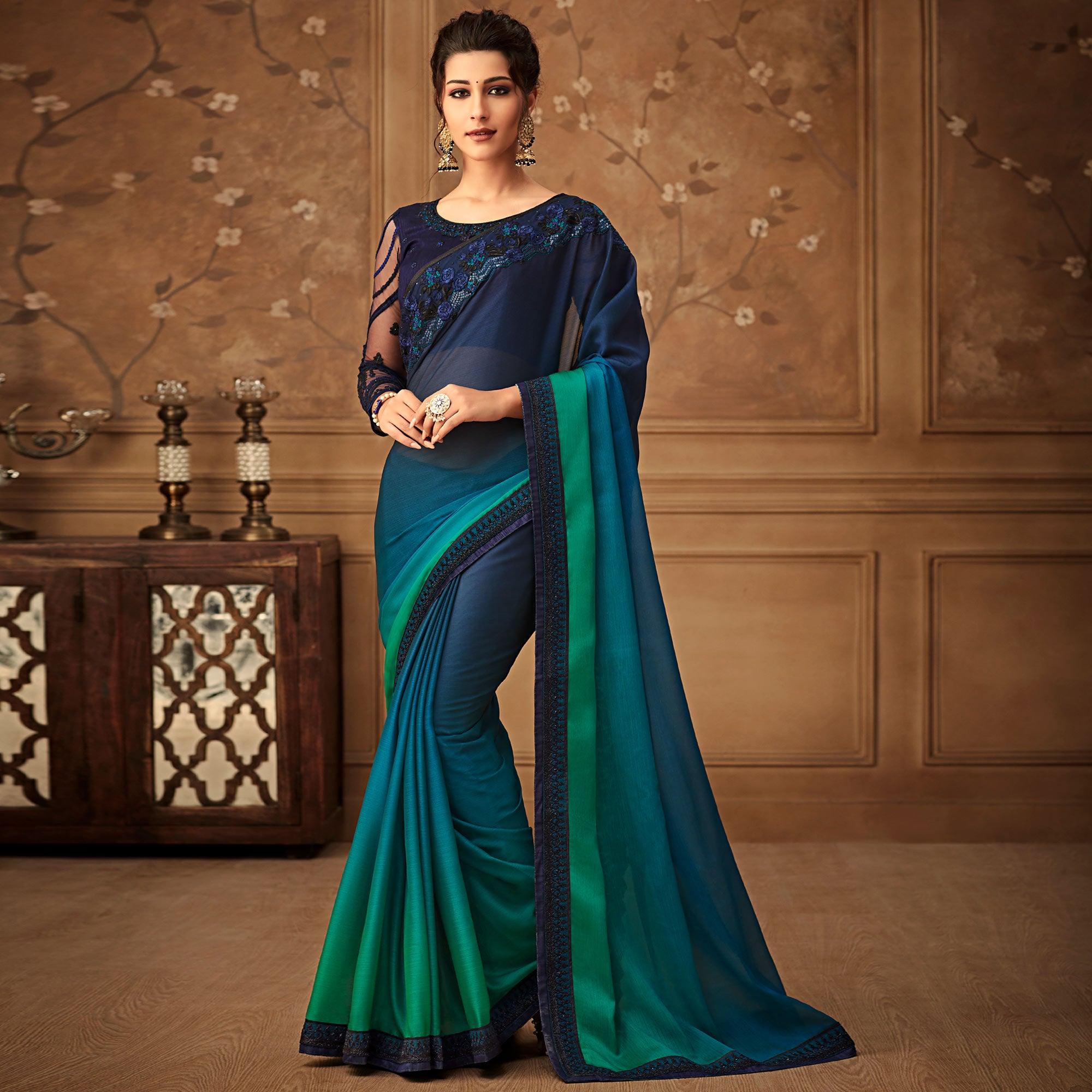 Blue & Green Floral Sequence Embroidered Chiffon Saree - Peachmode