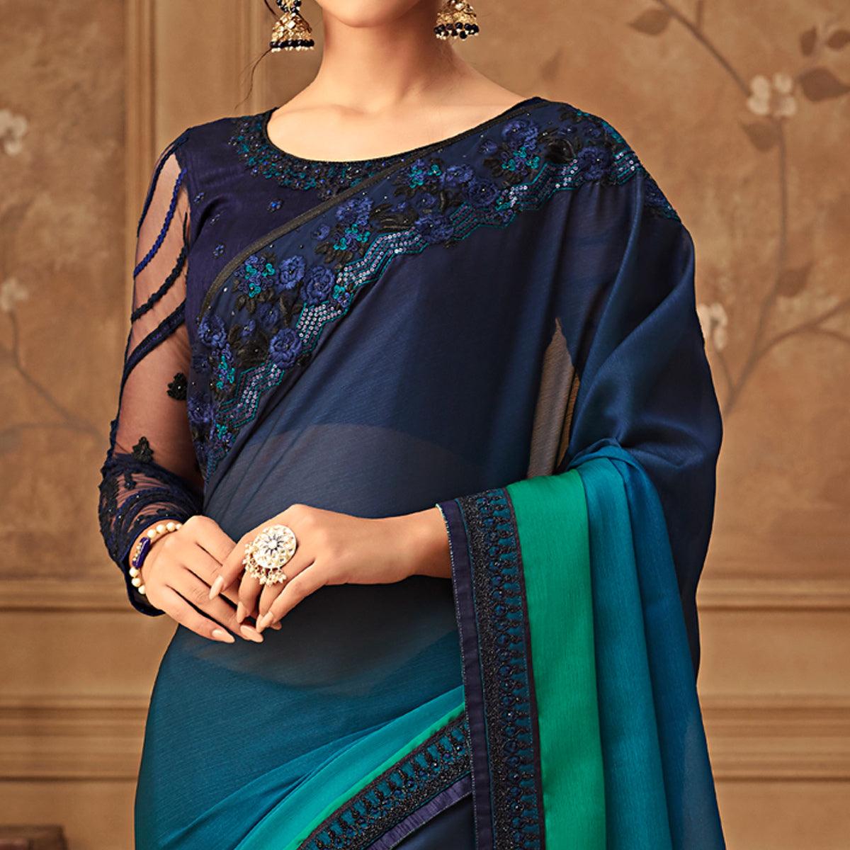 Blue & Green Floral Sequence Embroidered Chiffon Saree - Peachmode