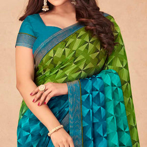 Blue & Green Geometric Printed Chiffon Saree - Peachmode