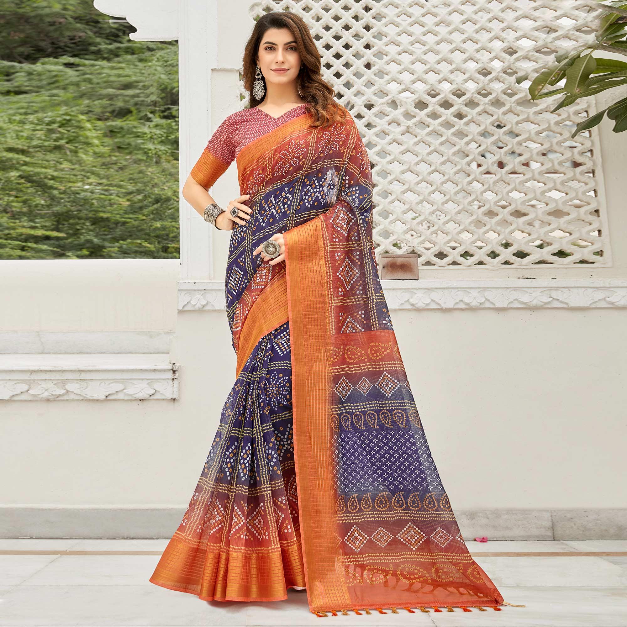 Blue & Orange Casual Wear Printed Soft Linen Saree - Peachmode