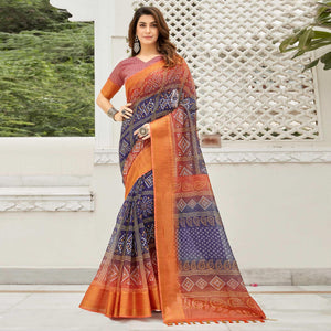 Blue & Orange Casual Wear Printed Soft Linen Saree - Peachmode
