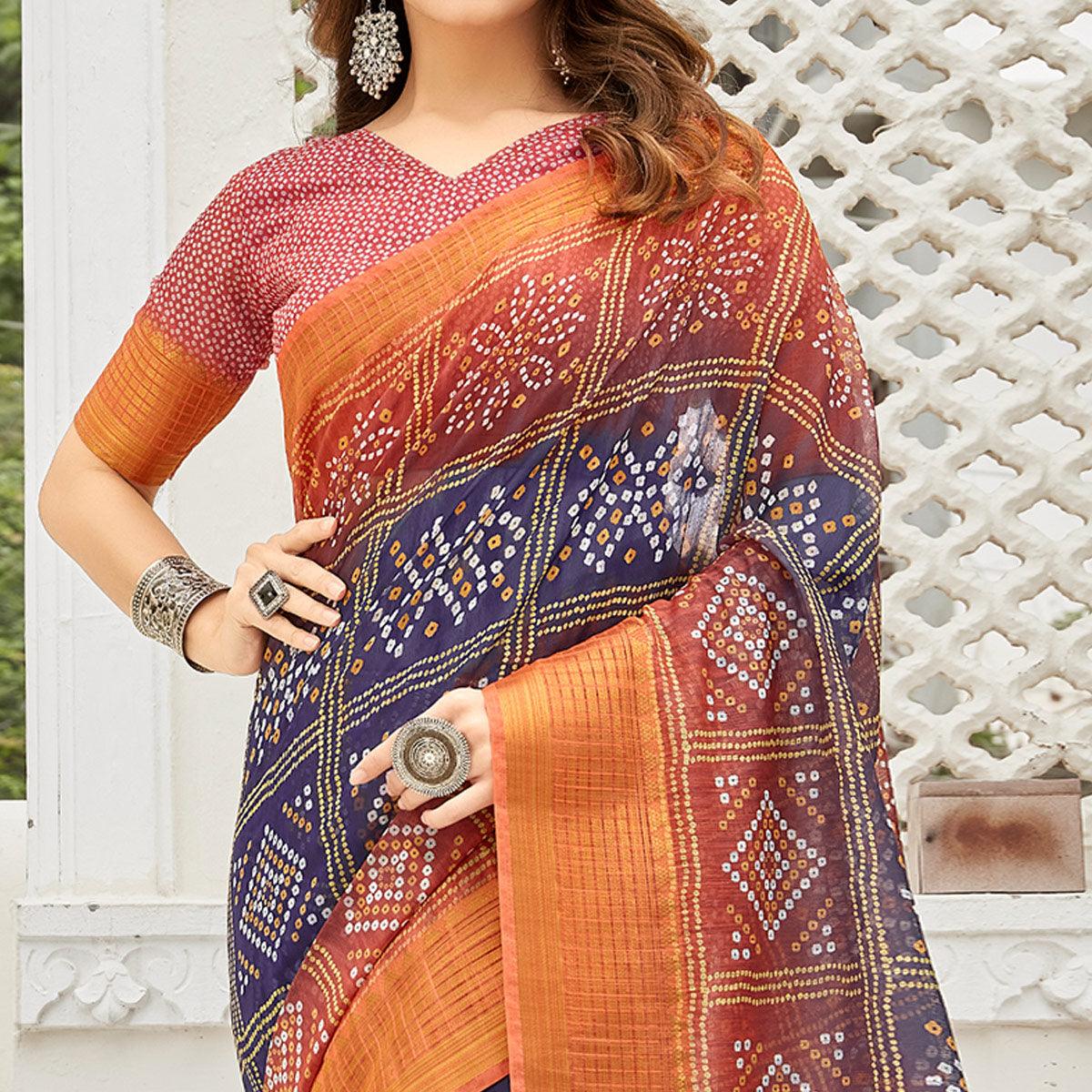 Blue & Orange Casual Wear Printed Soft Linen Saree - Peachmode