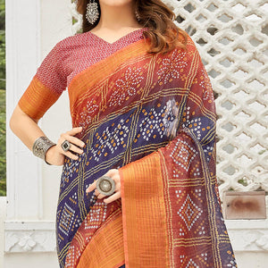 Blue & Orange Casual Wear Printed Soft Linen Saree - Peachmode