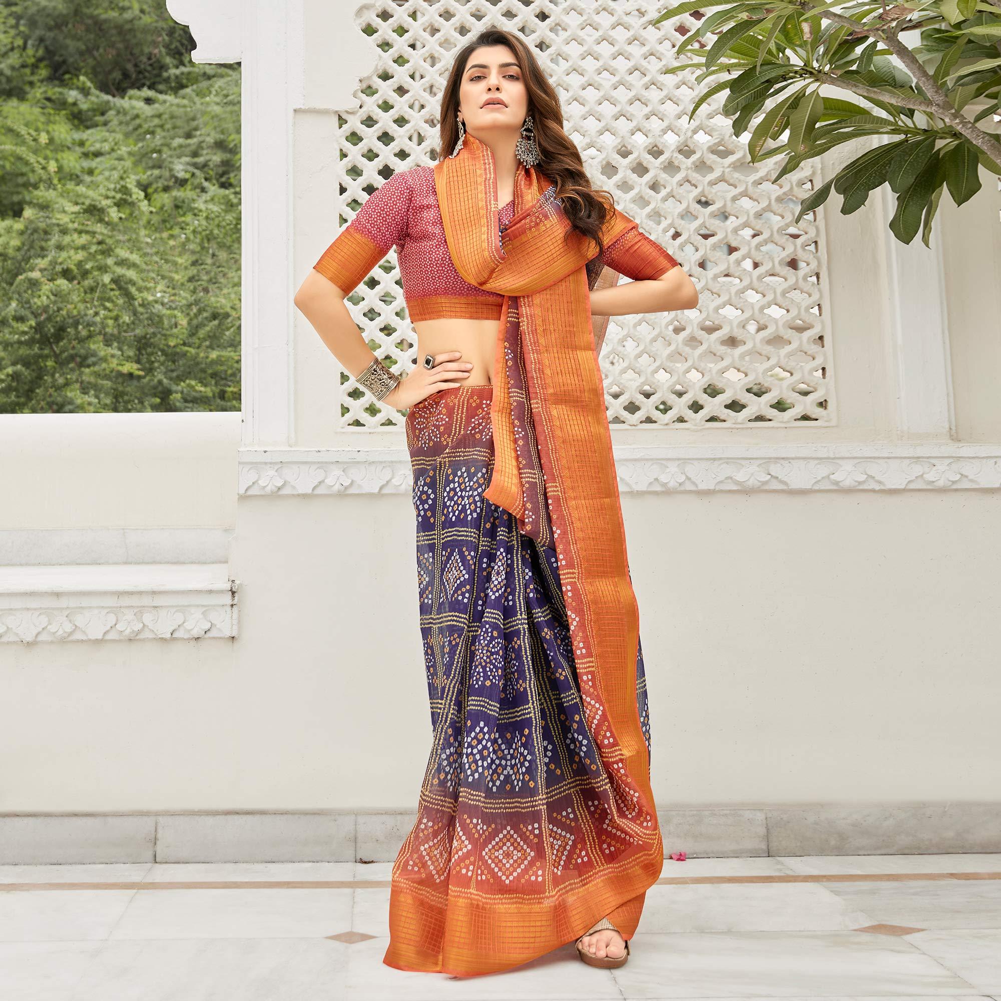 Blue & Orange Casual Wear Printed Soft Linen Saree - Peachmode