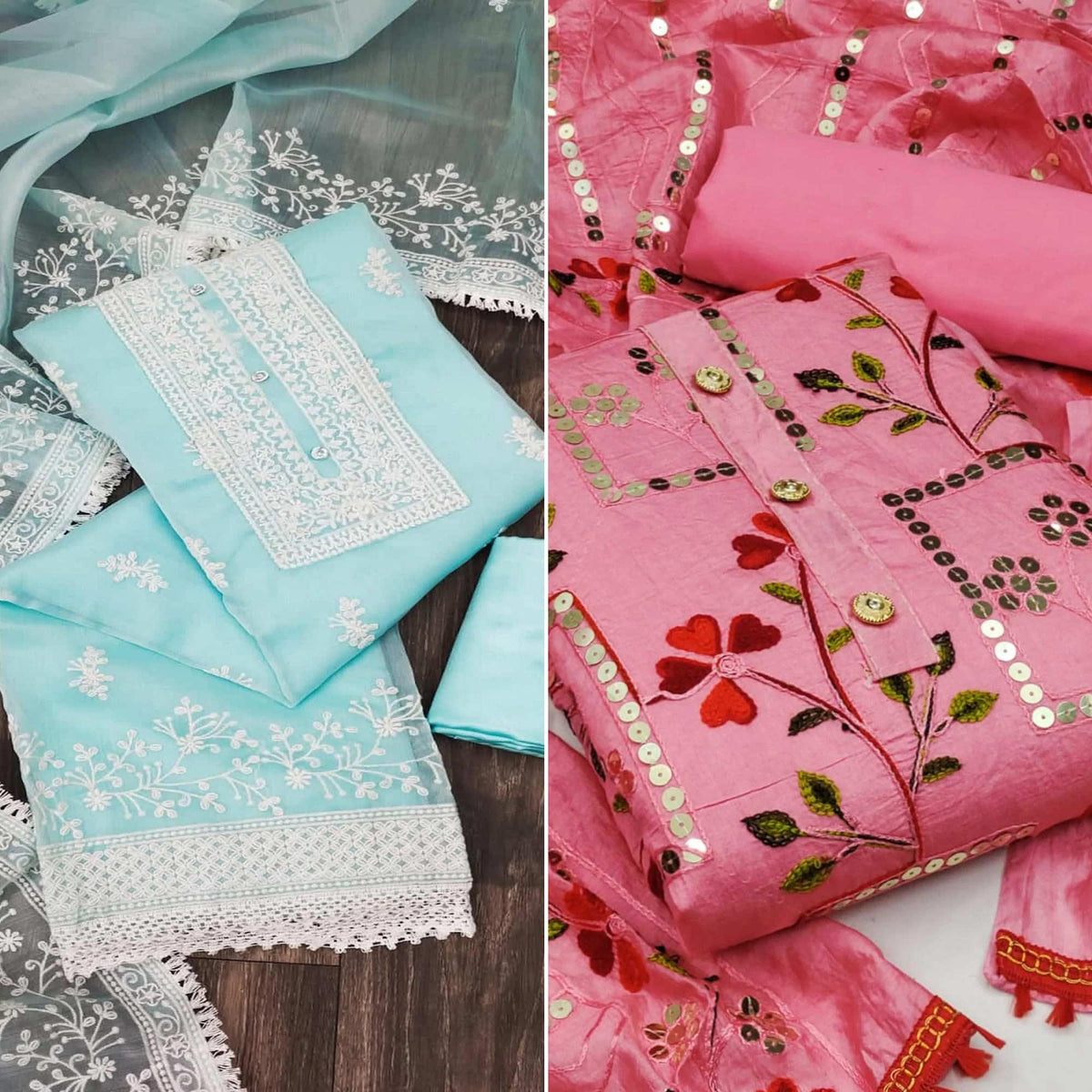 Blue And Pink Dress Material Pack of