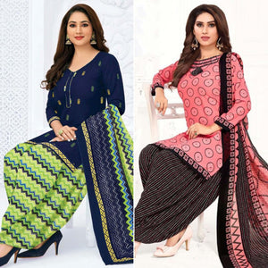 Blue And Pink Patiala Crepe Dress Material Pack Of 2 - Peachmode