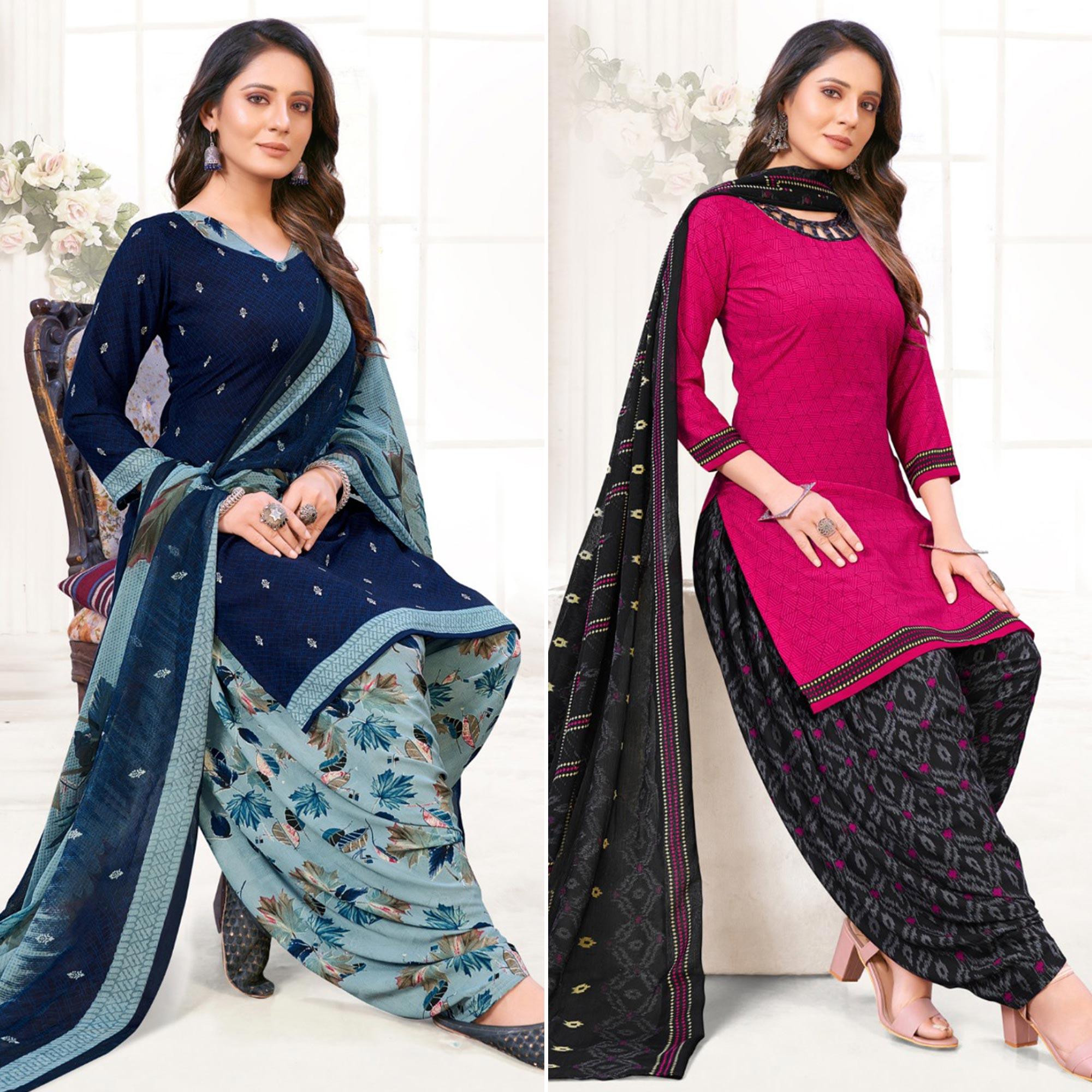 Blue And Pink Patiala Dress Material Pack Of 2 - Peachmode