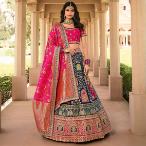 Blue & Pink Wedding Wear Floral Embroidered With Woven Banarasi Silk Lehenga Choli - Peachmode