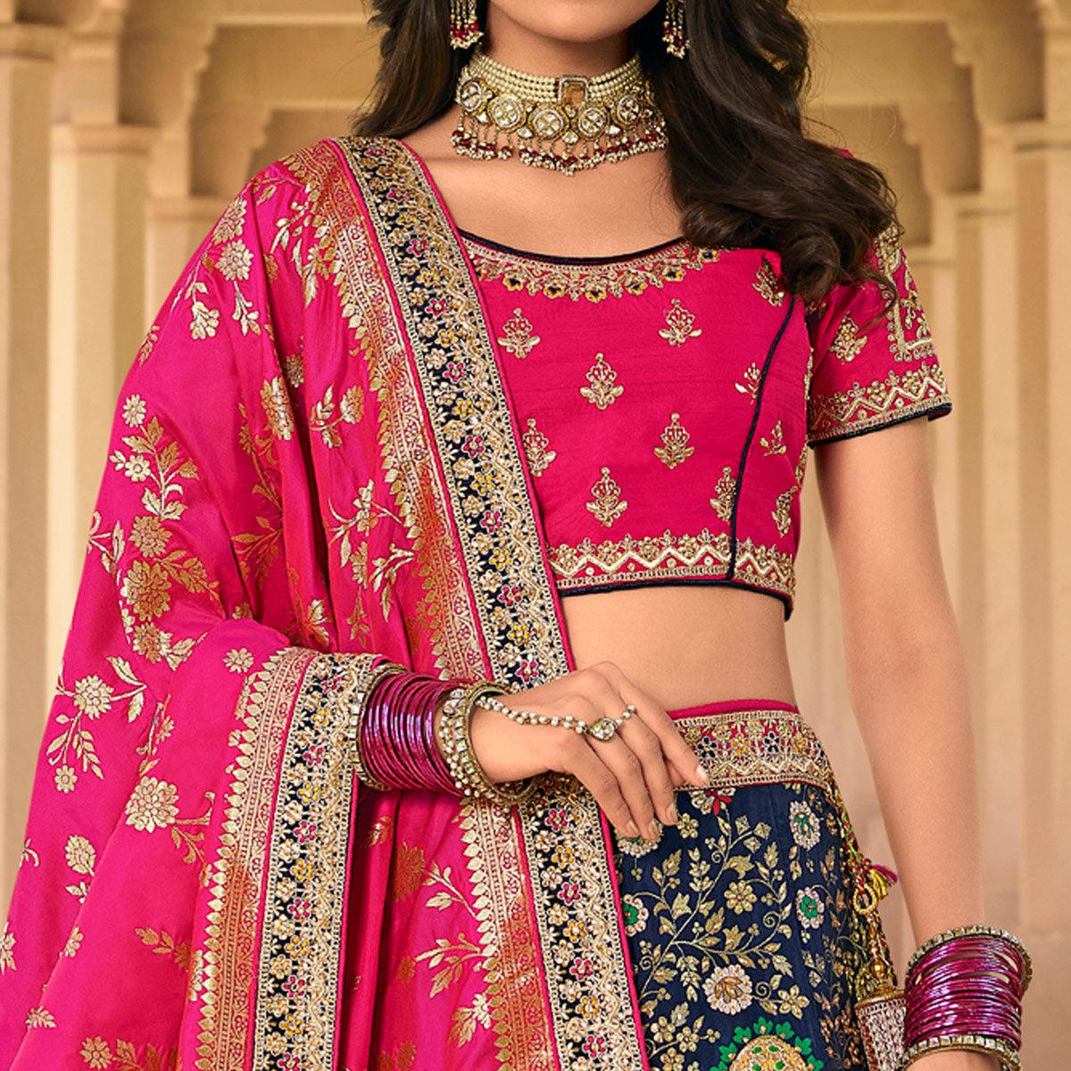 Blue & Pink Wedding Wear Floral Embroidered With Woven Banarasi Silk Lehenga Choli - Peachmode