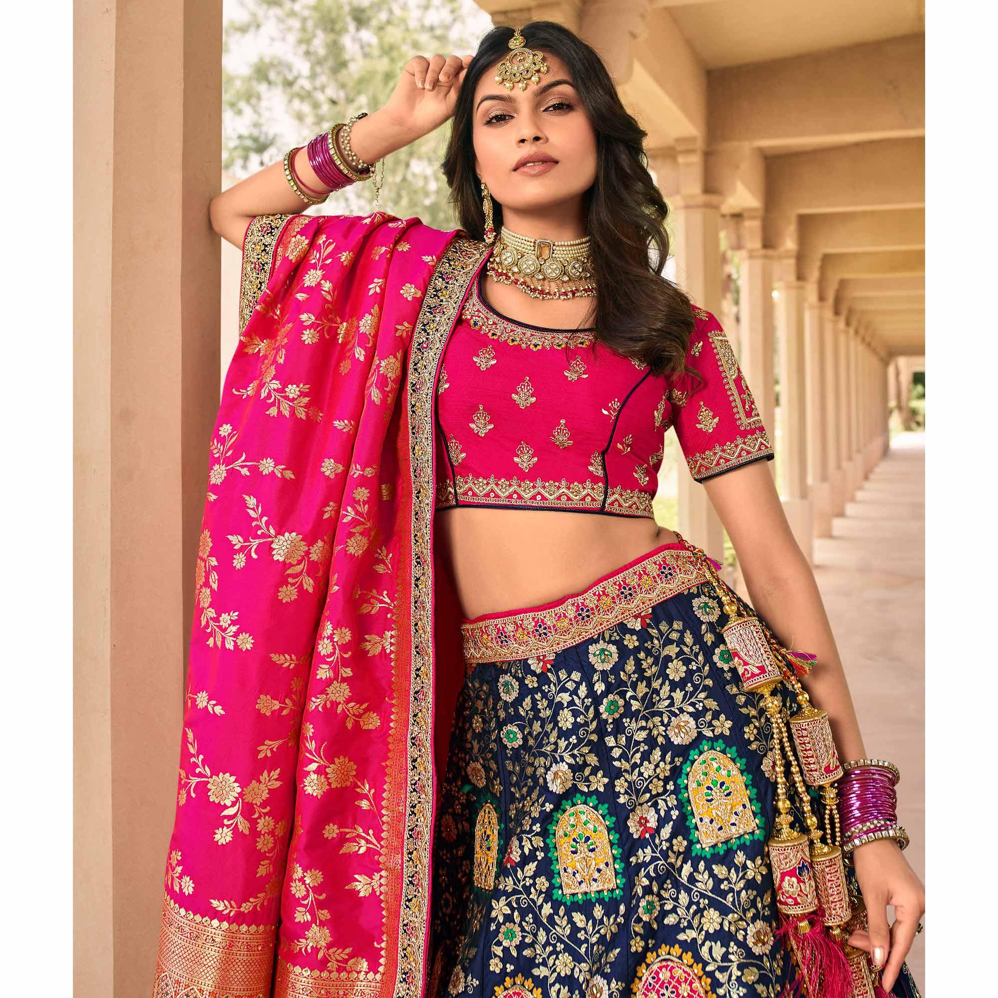 Blue & Pink Wedding Wear Floral Embroidered With Woven Banarasi Silk Lehenga Choli - Peachmode