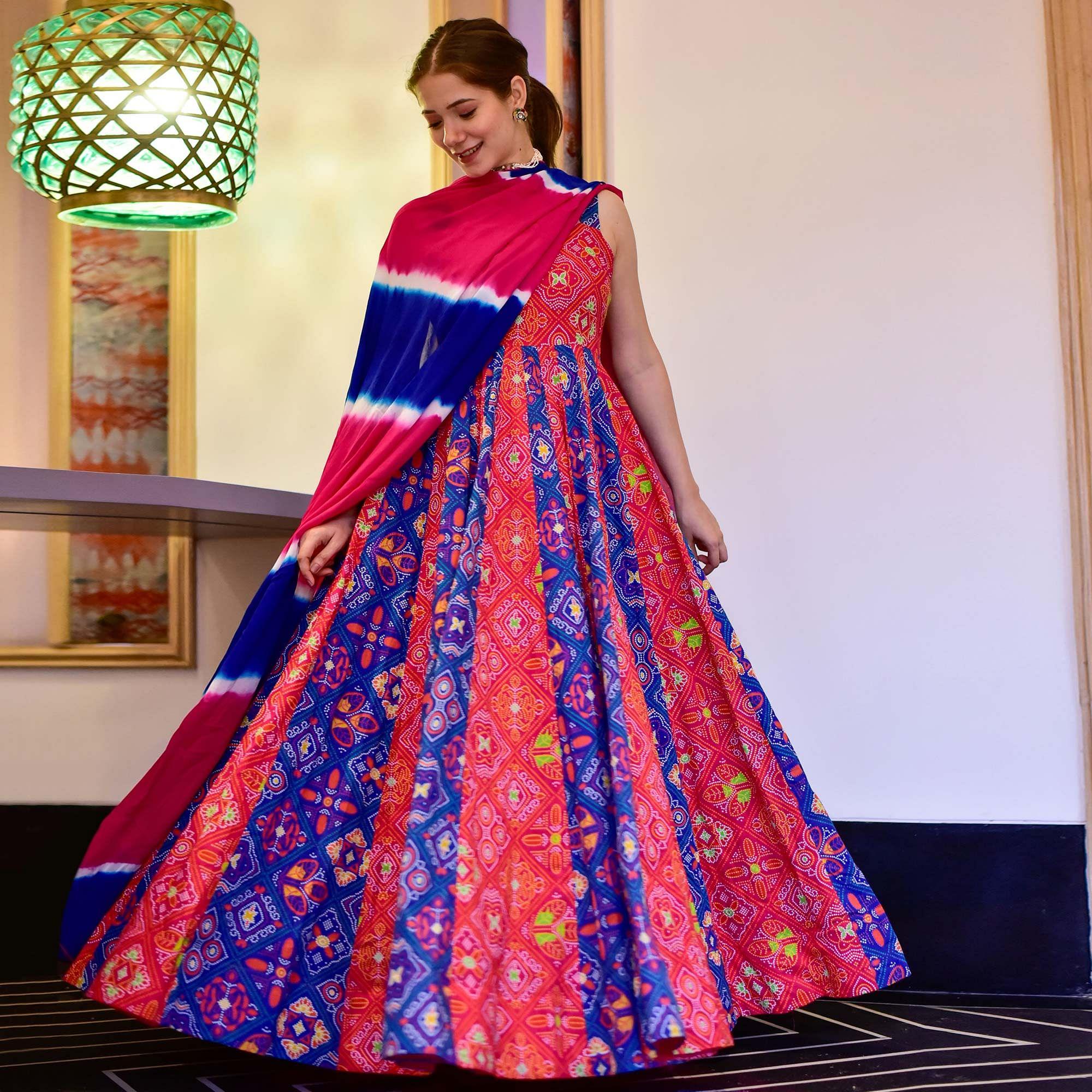 Blue & Red Digital Printed Cotton Silk Partywear Gown - Peachmode