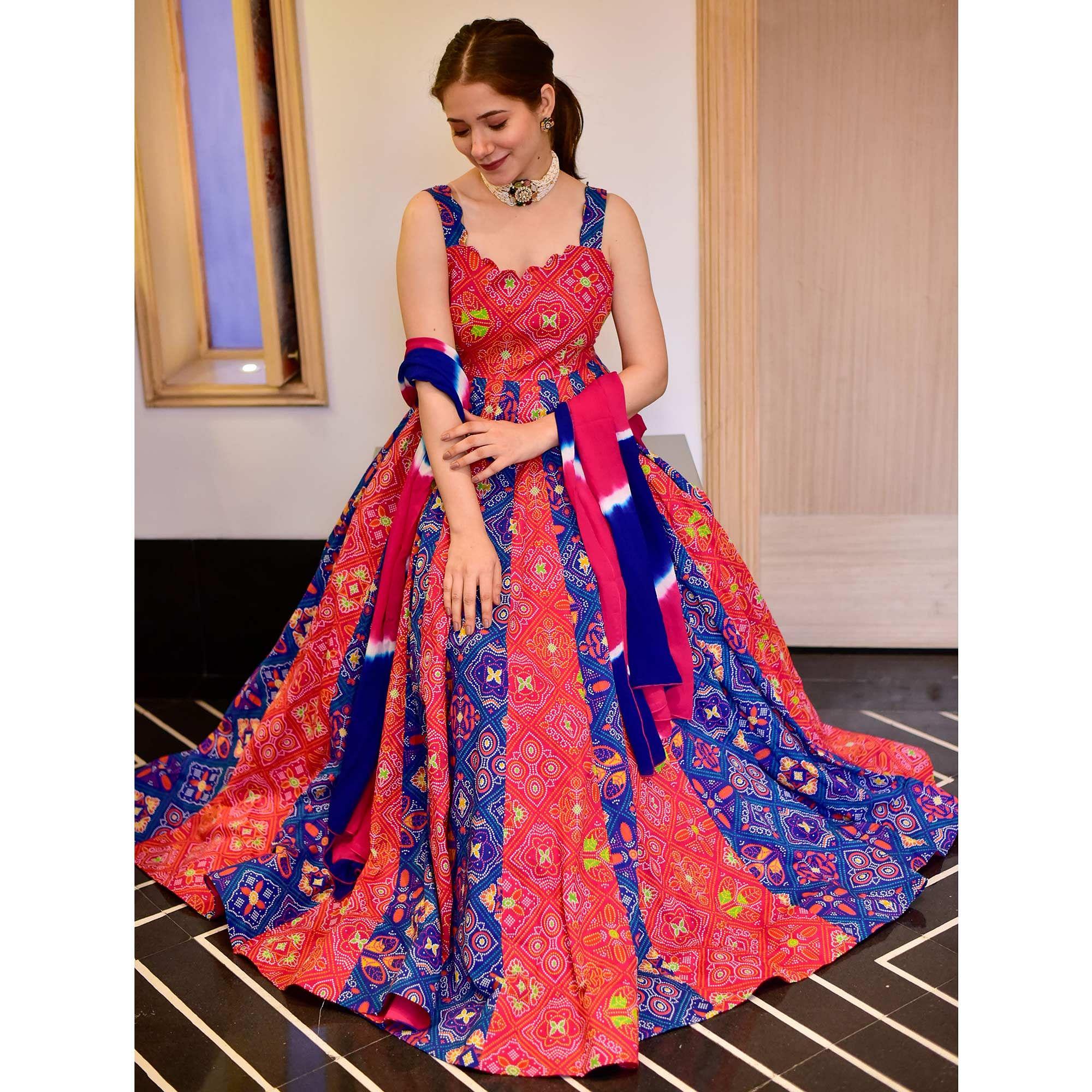 Blue & Red Digital Printed Cotton Silk Partywear Gown - Peachmode