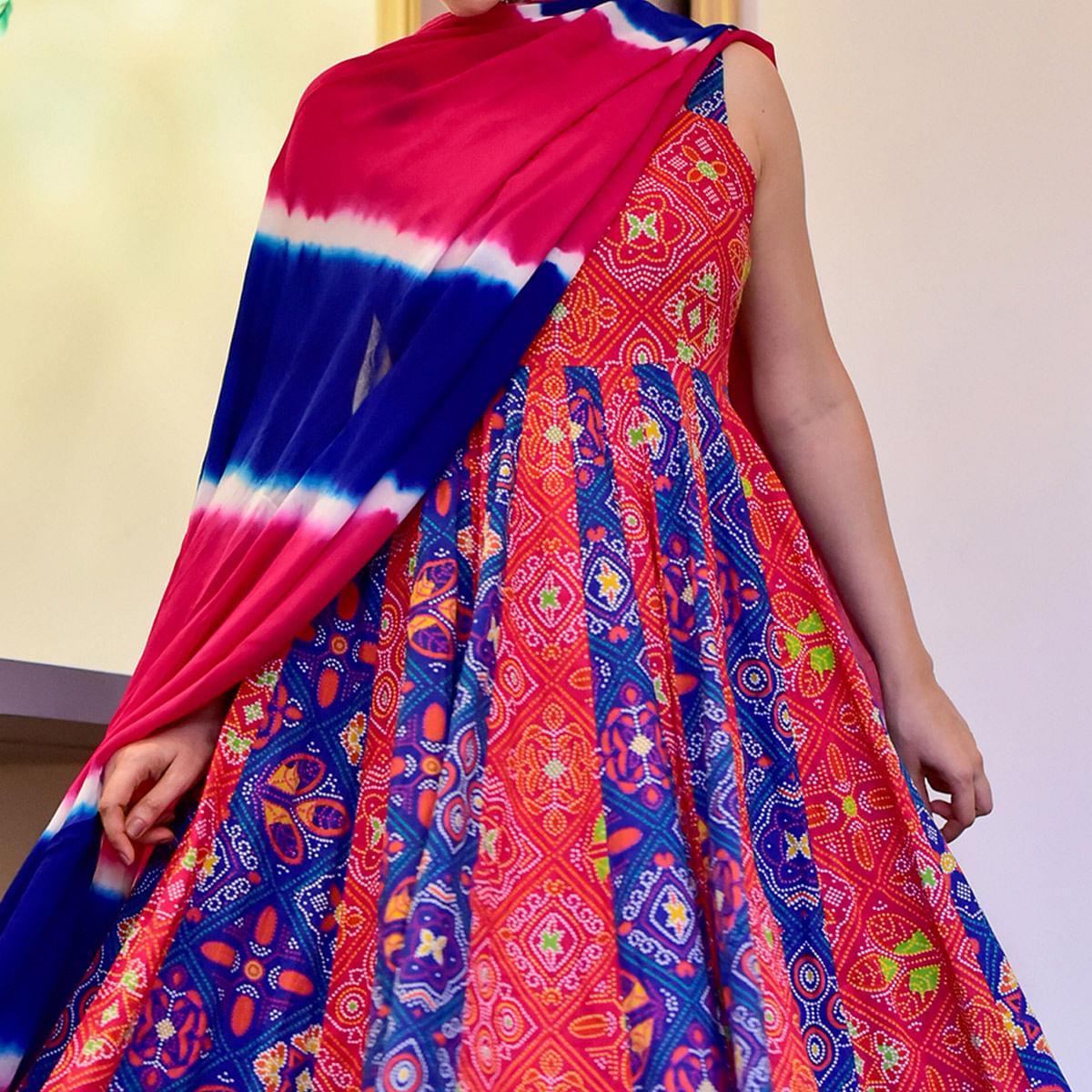 Blue & Red Digital Printed Cotton Silk Partywear Gown - Peachmode