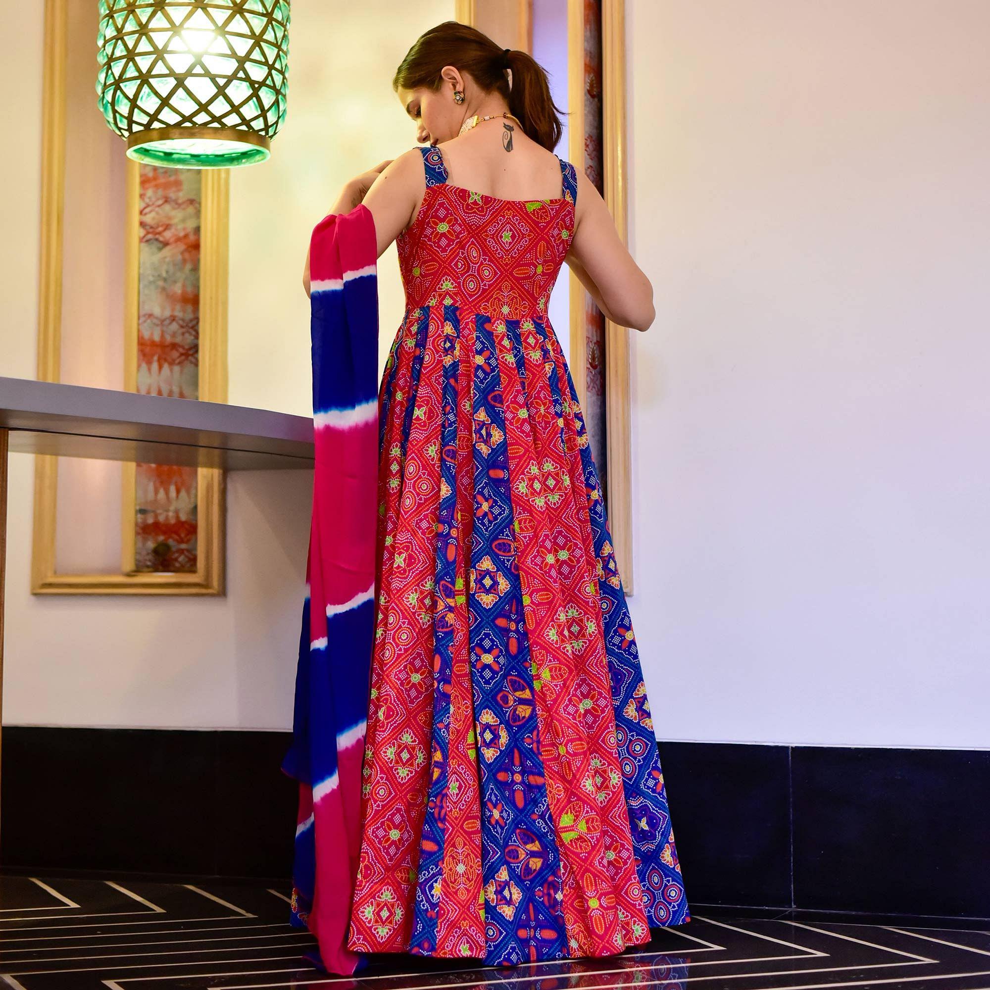 Blue & Red Digital Printed Cotton Silk Partywear Gown - Peachmode