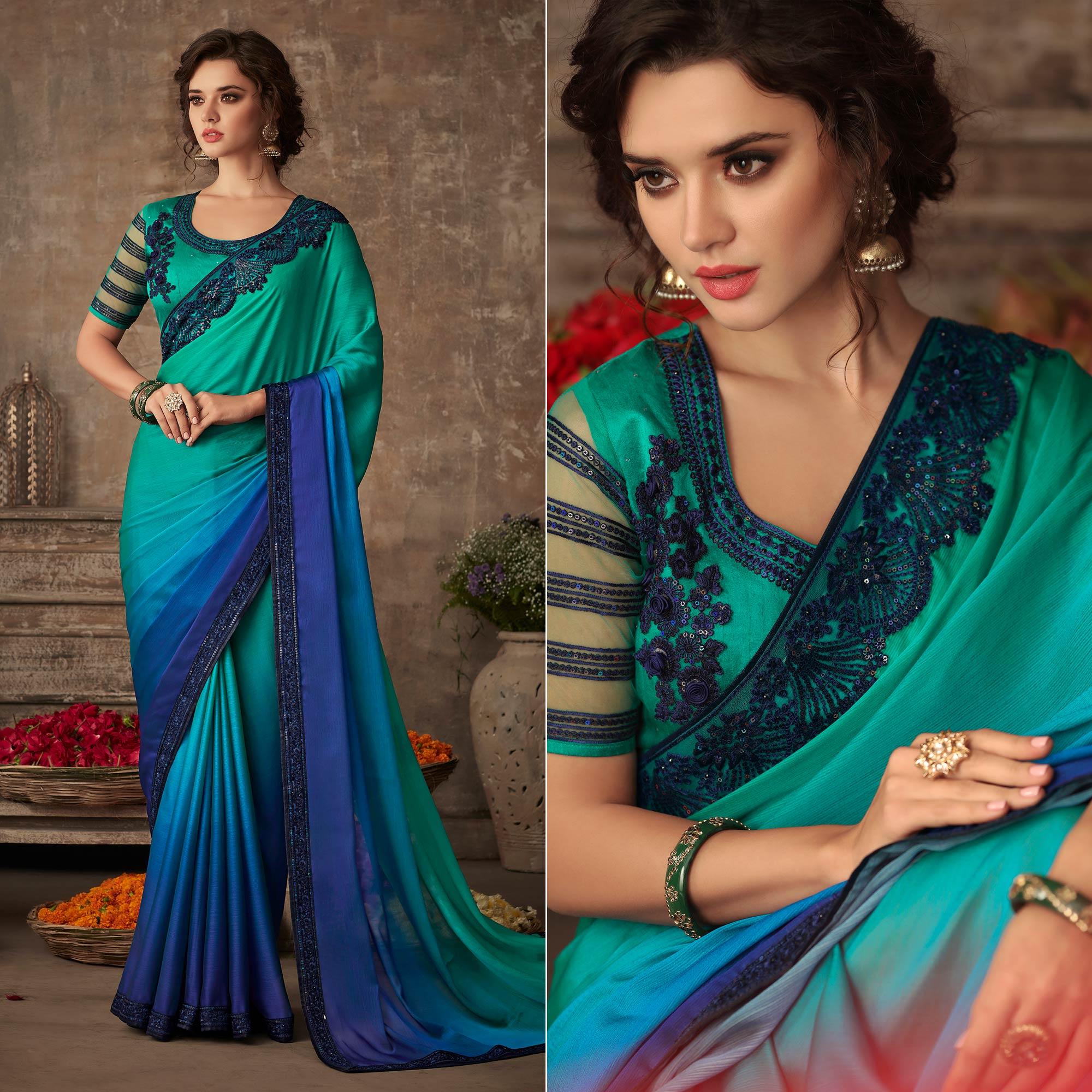 Blue & Sea Green Floral Sequence Embroidered Chiffon Saree - Peachmode