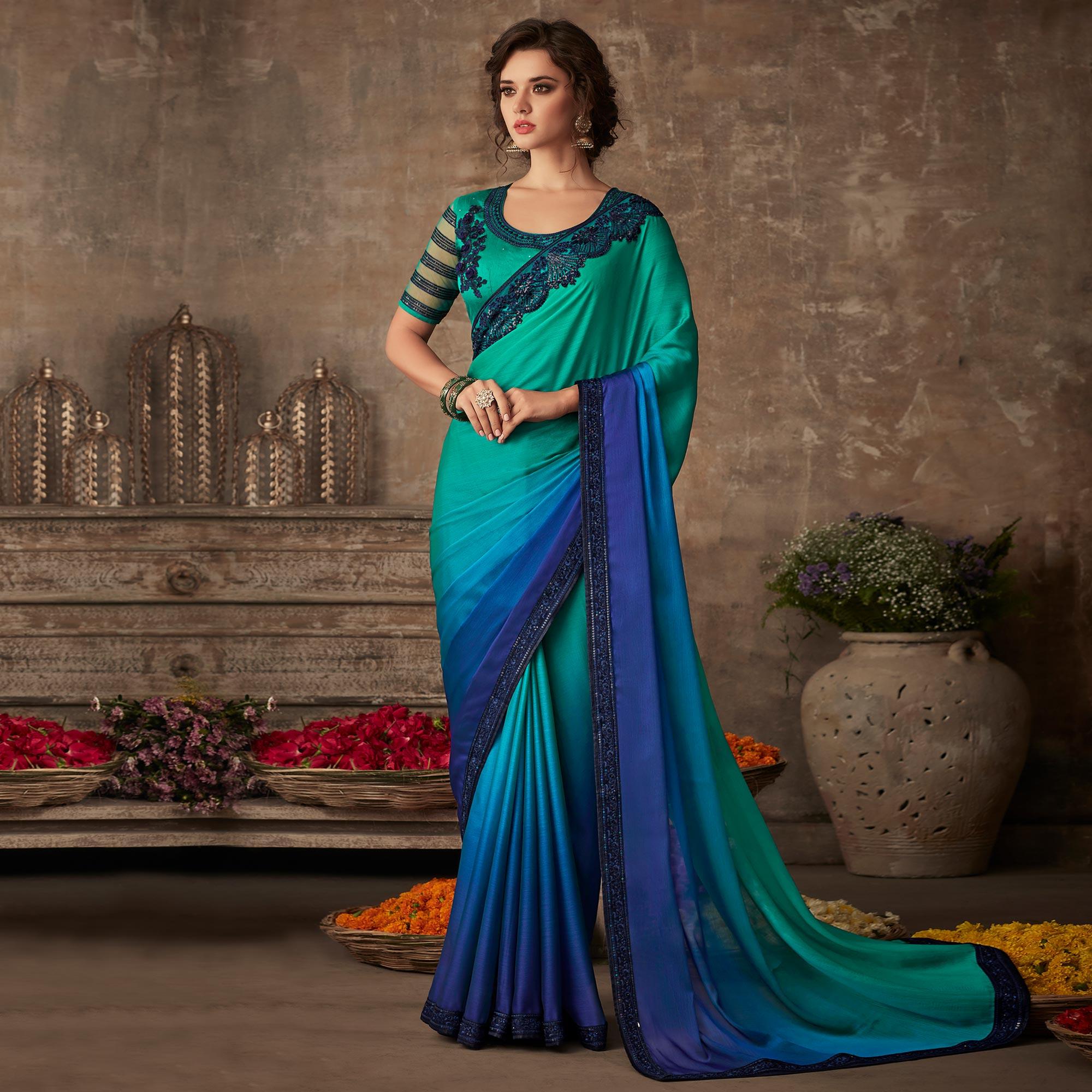 Blue & Sea Green Floral Sequence Embroidered Chiffon Saree - Peachmode