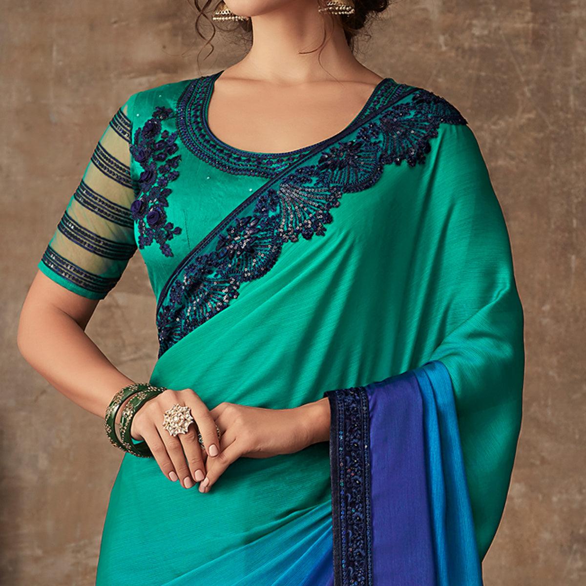 Blue & Sea Green Floral Sequence Embroidered Chiffon Saree - Peachmode