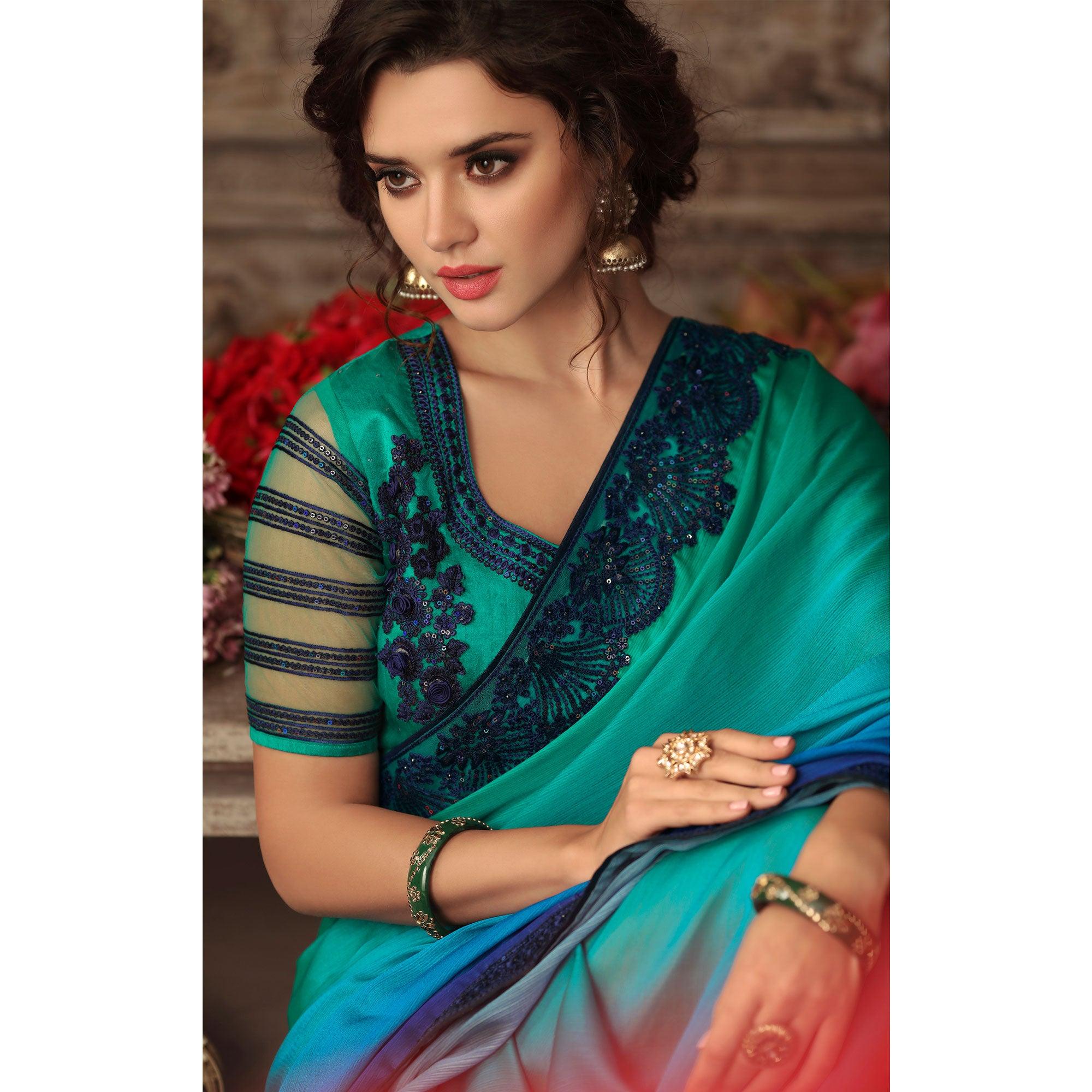 Blue & Sea Green Floral Sequence Embroidered Chiffon Saree - Peachmode