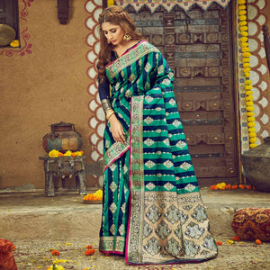 Blue & Turquoise Festive Wear Woven Handloom Silk Saree - Peachmode