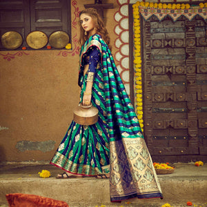 Blue & Turquoise Festive Wear Woven Handloom Silk Saree - Peachmode