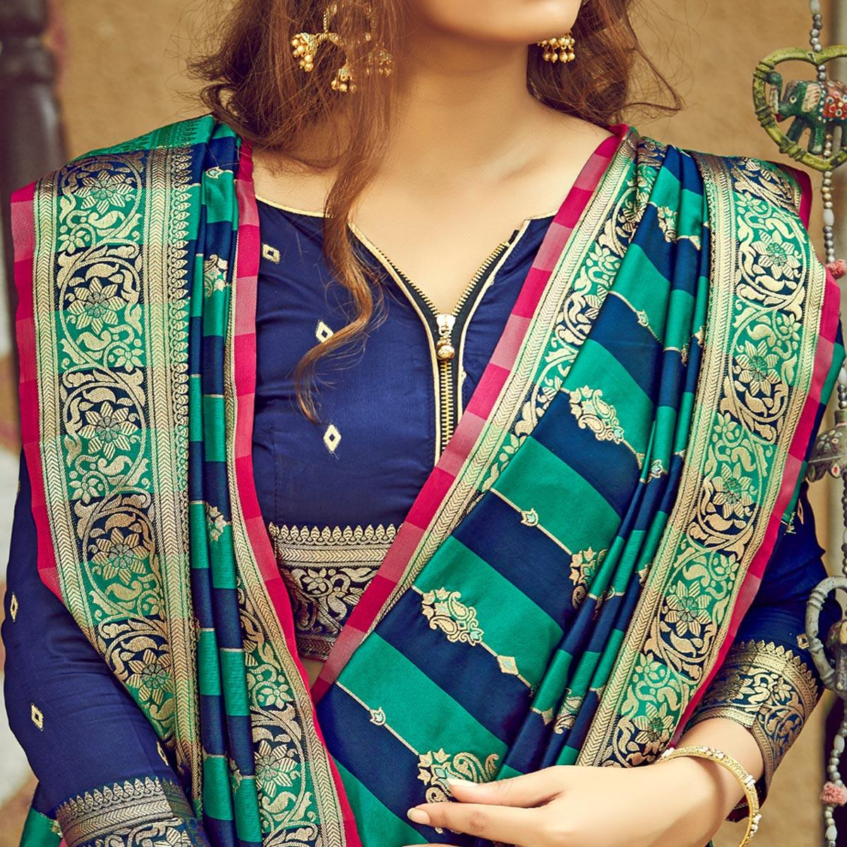 Blue & Turquoise Festive Wear Woven Handloom Silk Saree - Peachmode