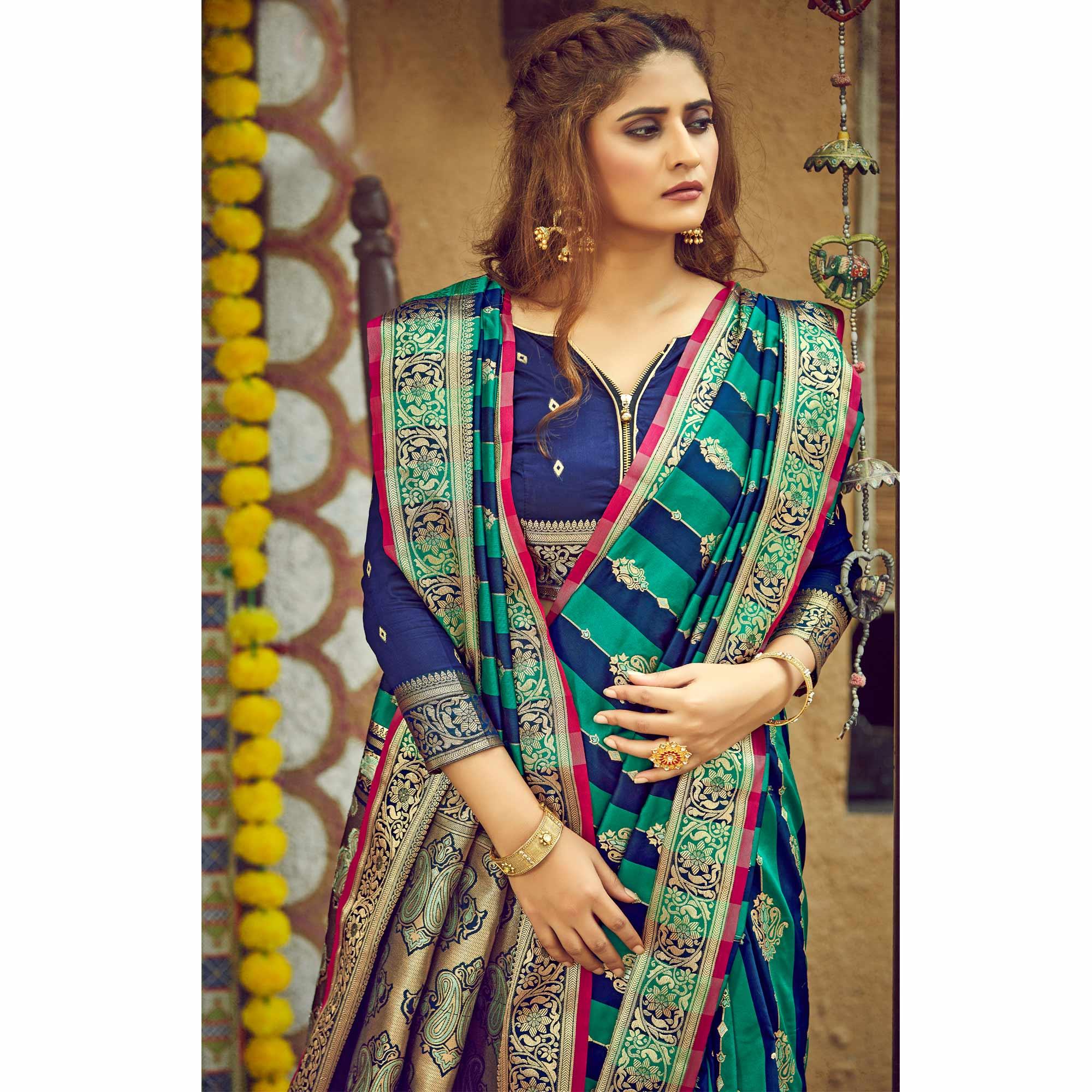 Blue & Turquoise Festive Wear Woven Handloom Silk Saree - Peachmode