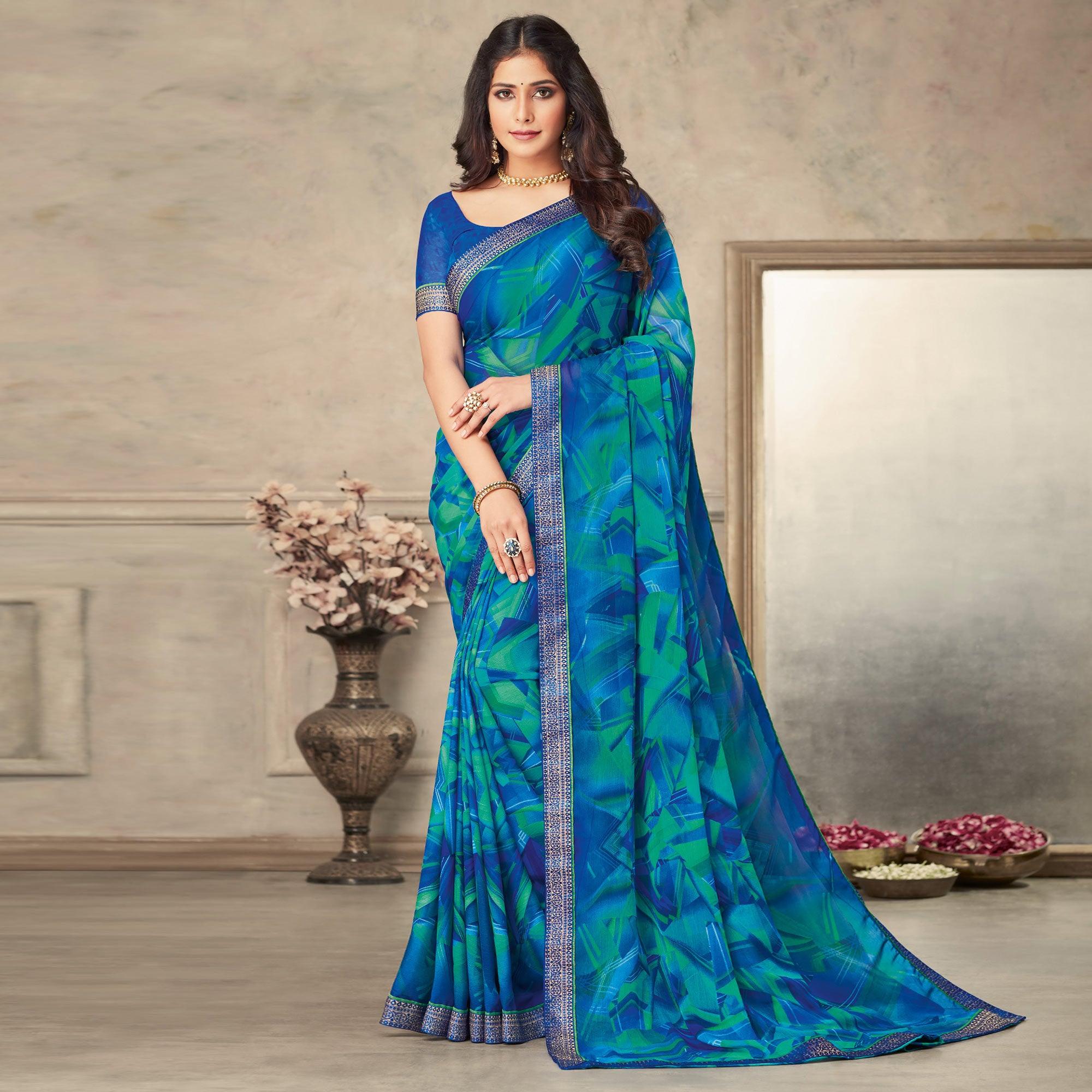 Blue & Turquoise Printed Chiffon Saree - Peachmode