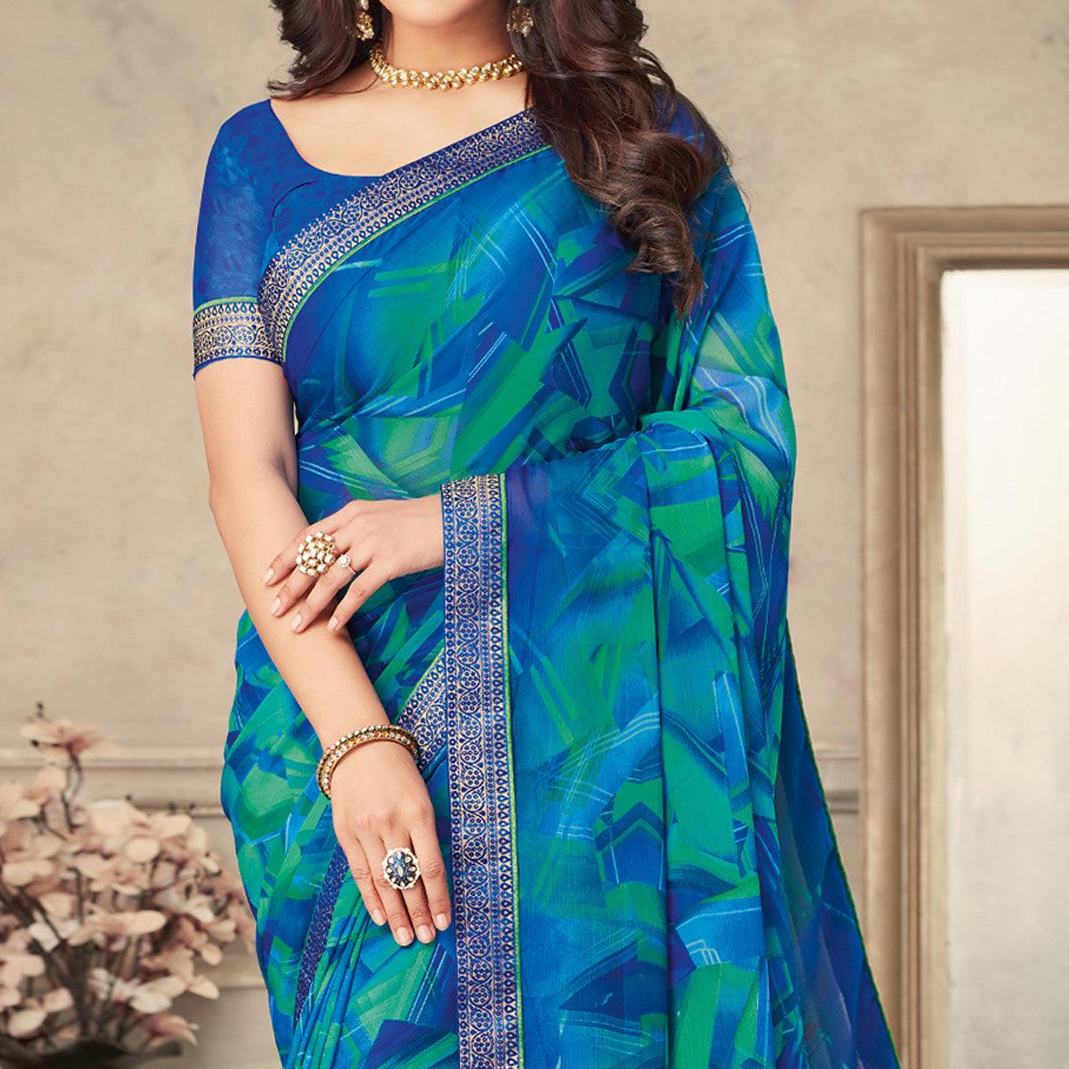 Blue & Turquoise Printed Chiffon Saree - Peachmode