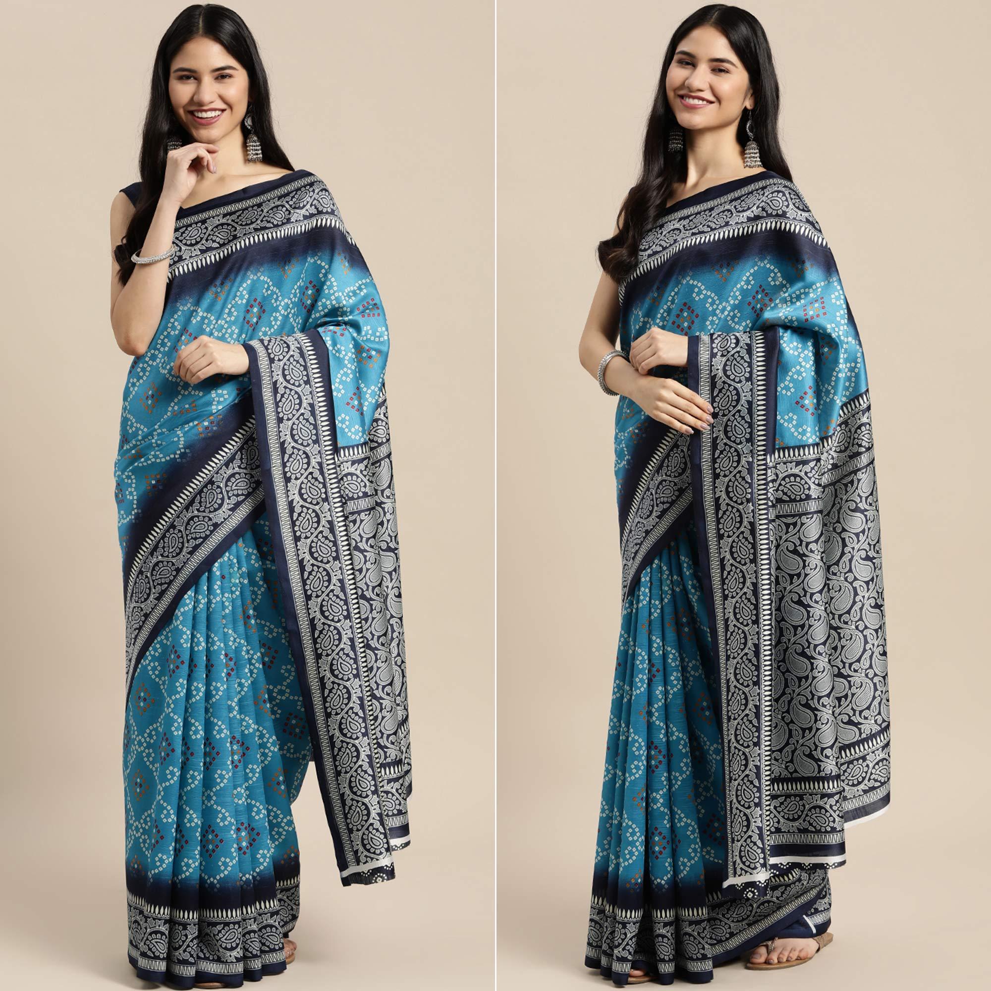 Blue Bandhani Printed Art Silk Saree - Peachmode