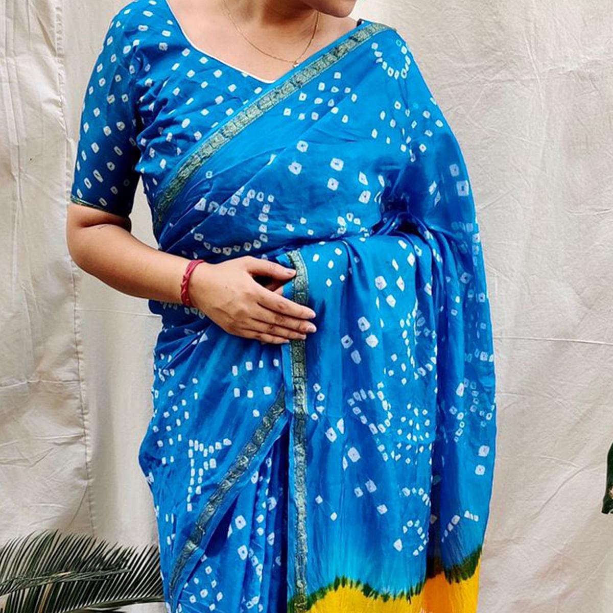 Blue Bandhani Printed Art Silk Saree - Peachmode