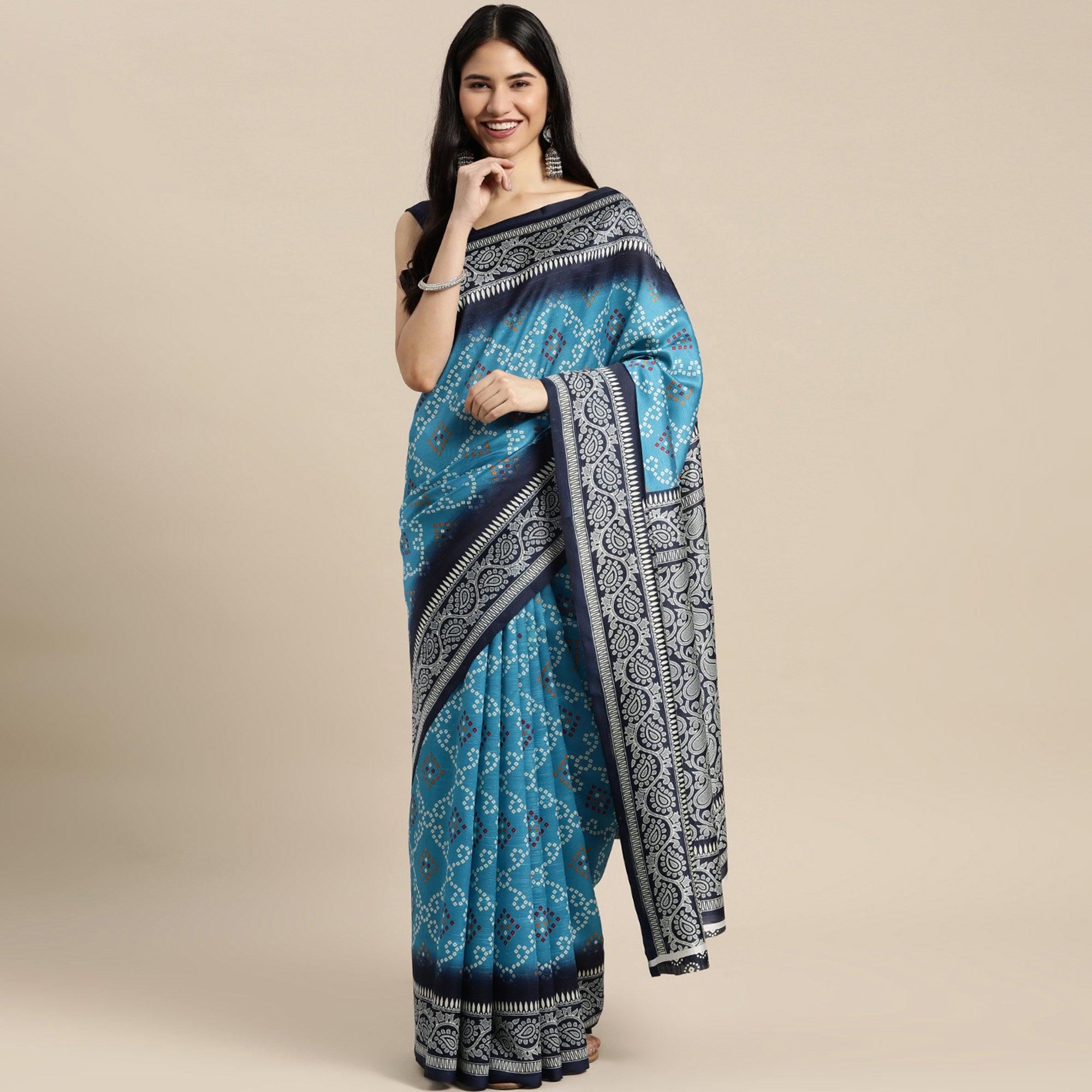 Blue Bandhani Printed Art Silk Saree - Peachmode