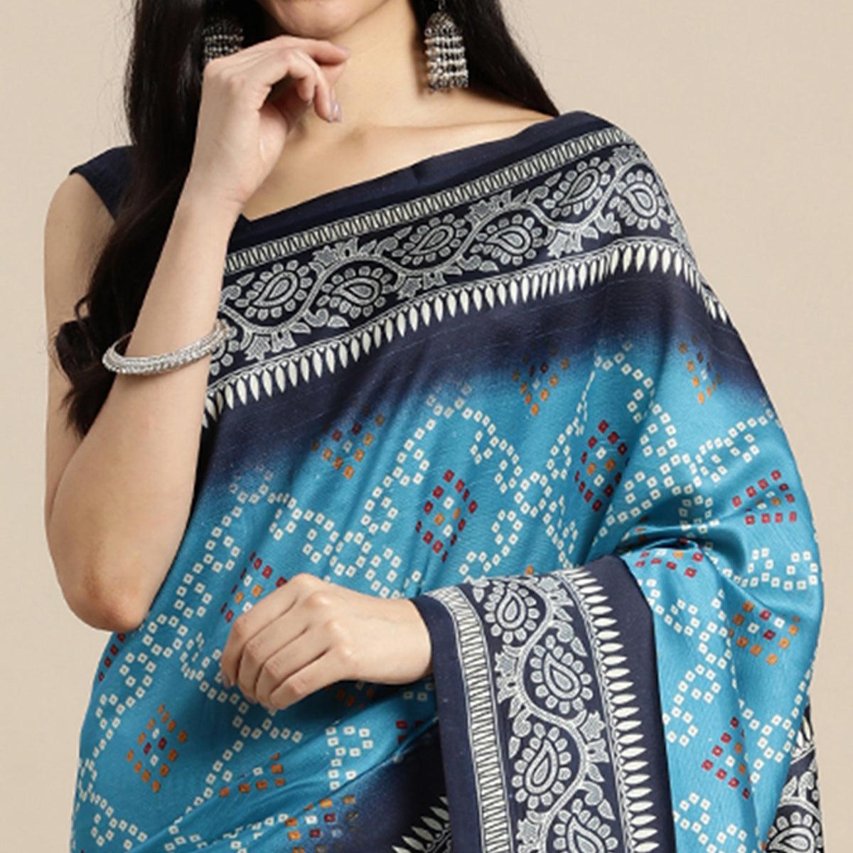 Blue Bandhani Printed Art Silk Saree - Peachmode