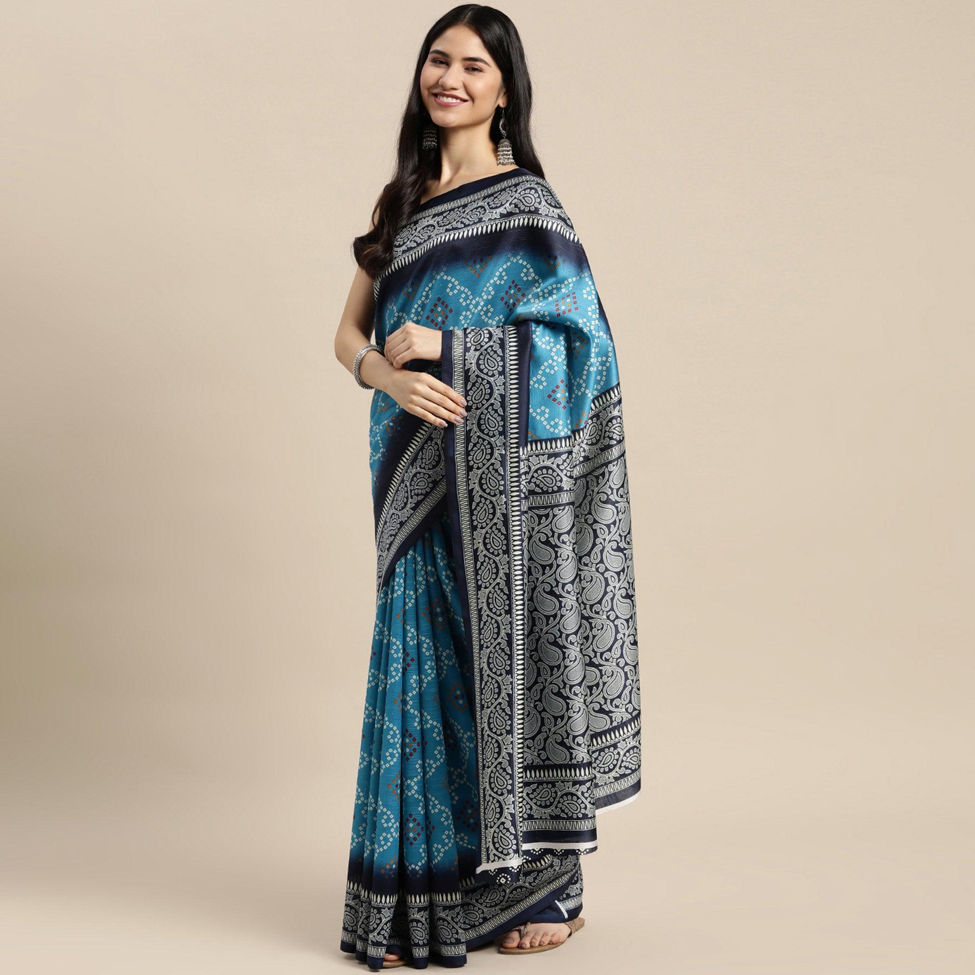 Blue Bandhani Printed Art Silk Saree - Peachmode