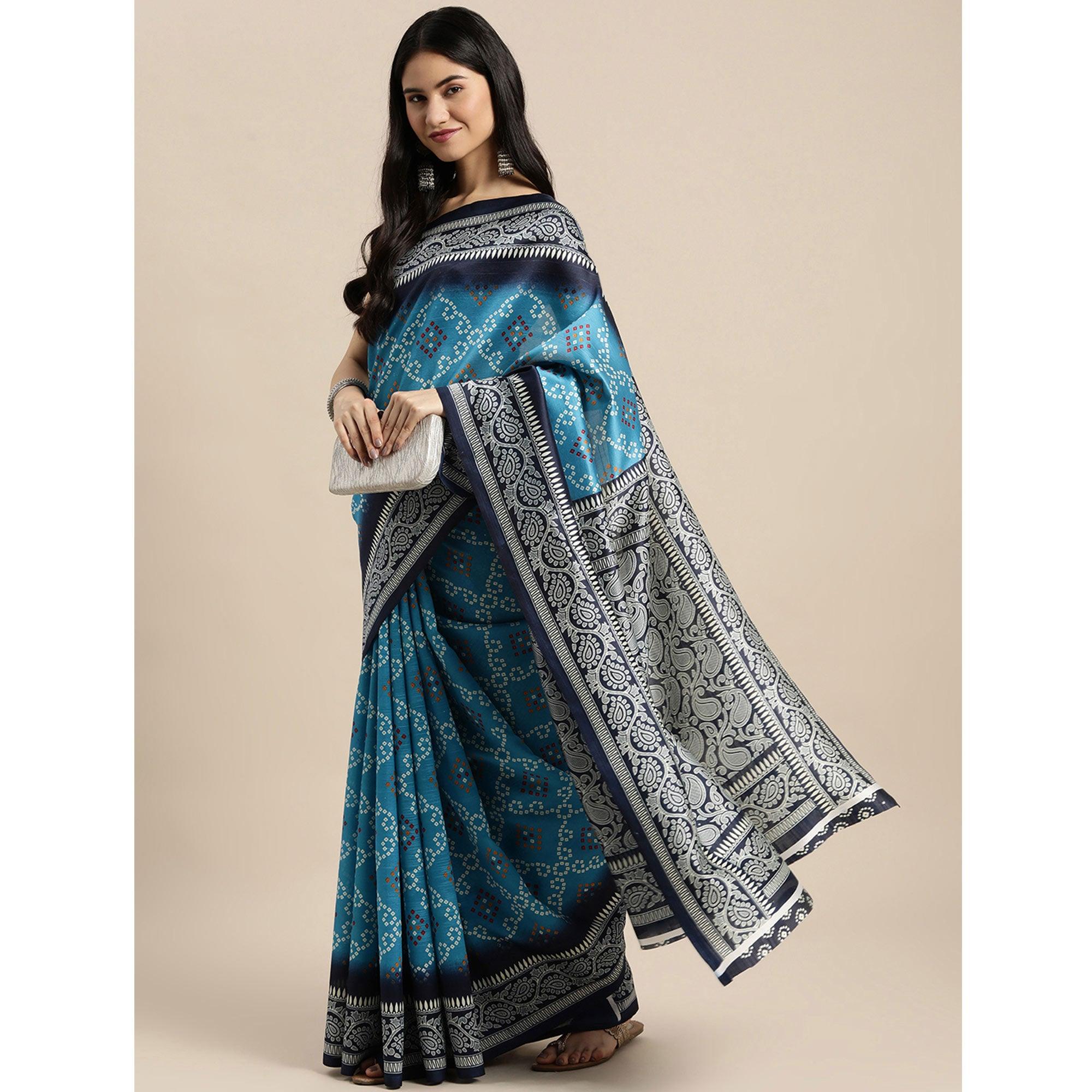 Blue Bandhani Printed Art Silk Saree - Peachmode