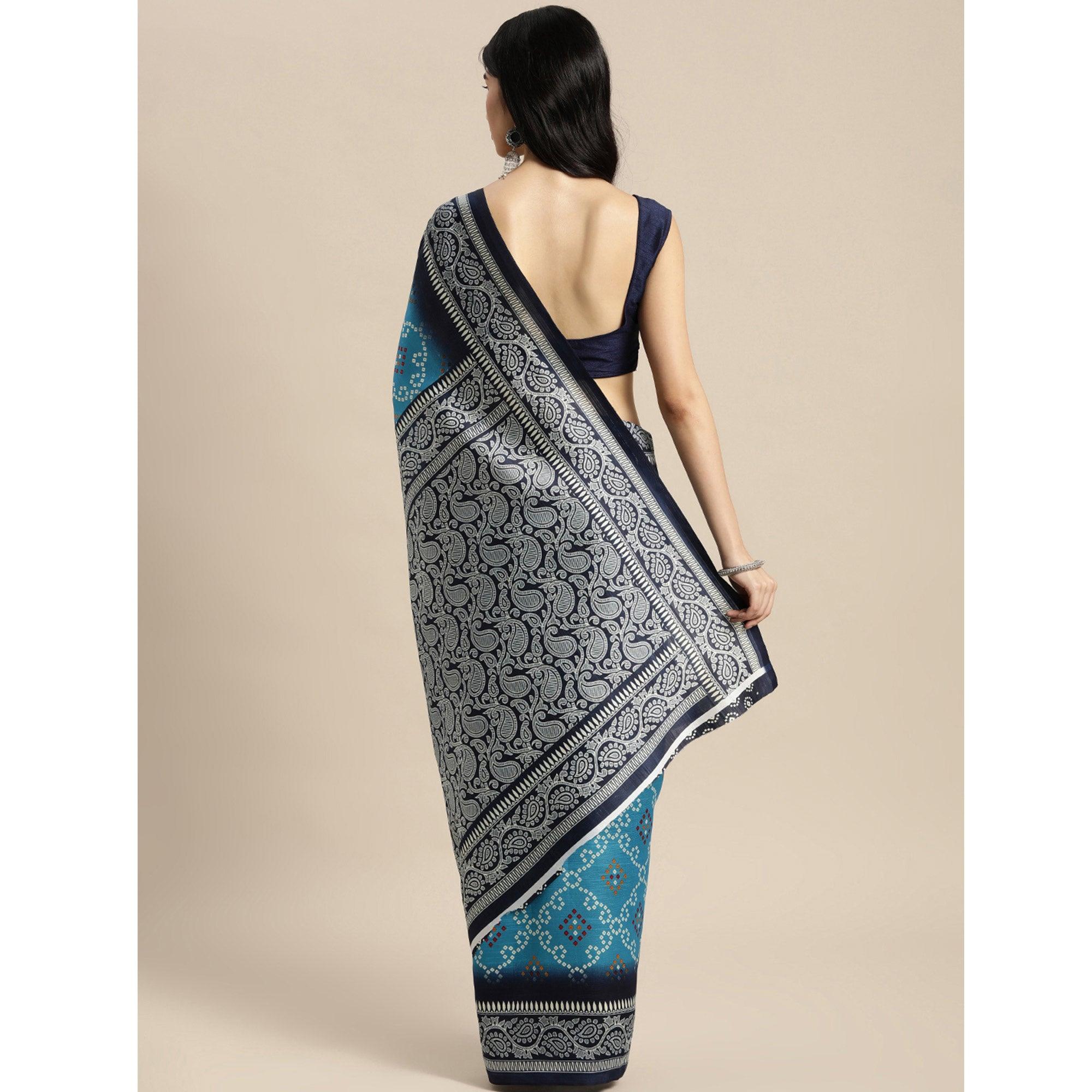 Blue Bandhani Printed Art Silk Saree - Peachmode