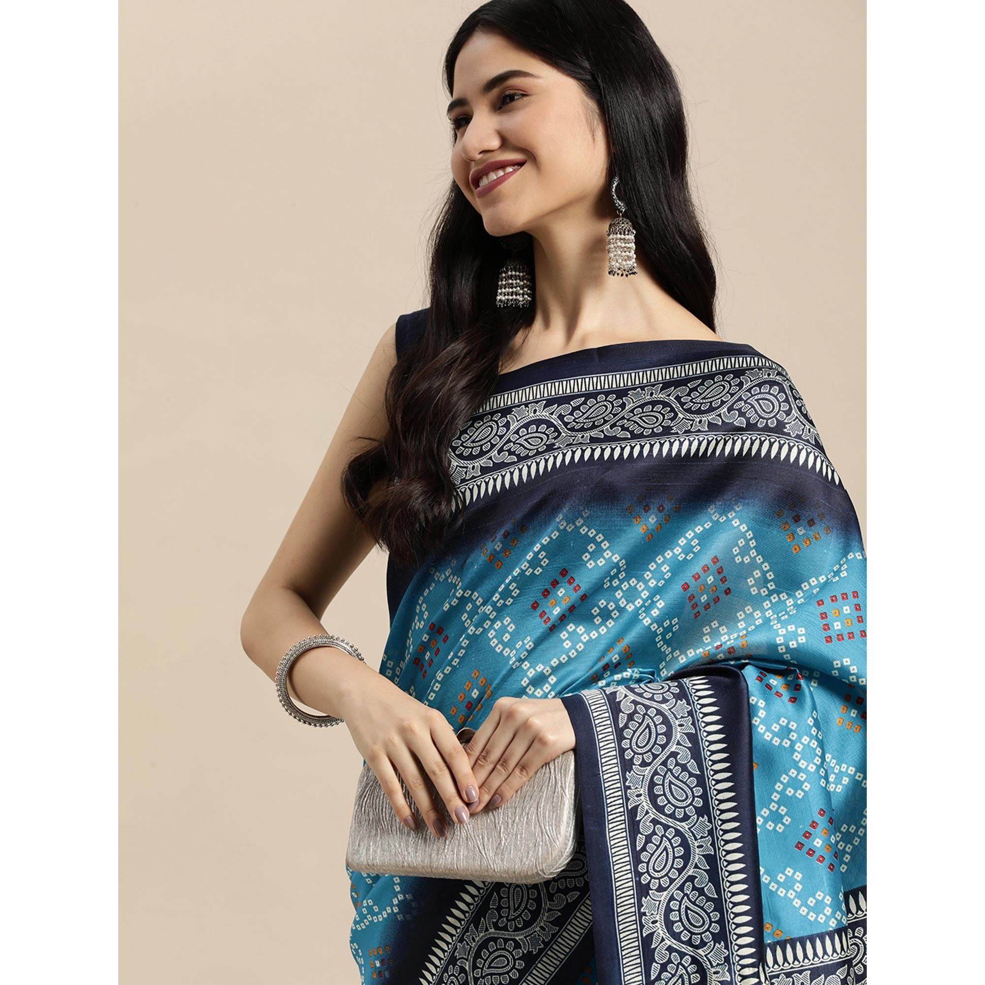 Blue Bandhani Printed Art Silk Saree - Peachmode