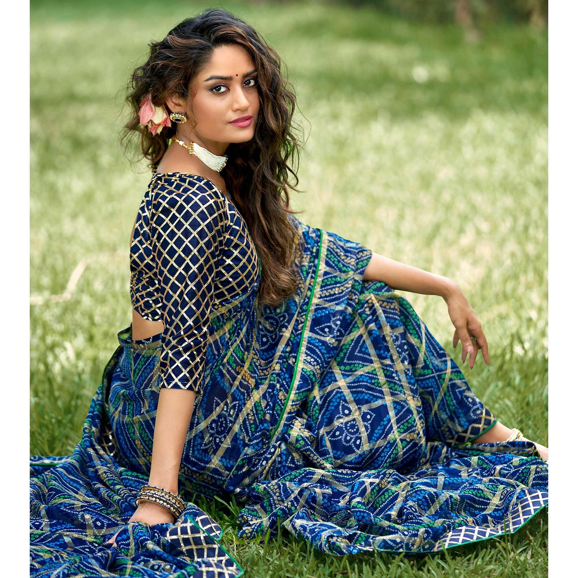 Blue Bandhani Printed-Checks Weaving Chiffon Saree - Peachmode