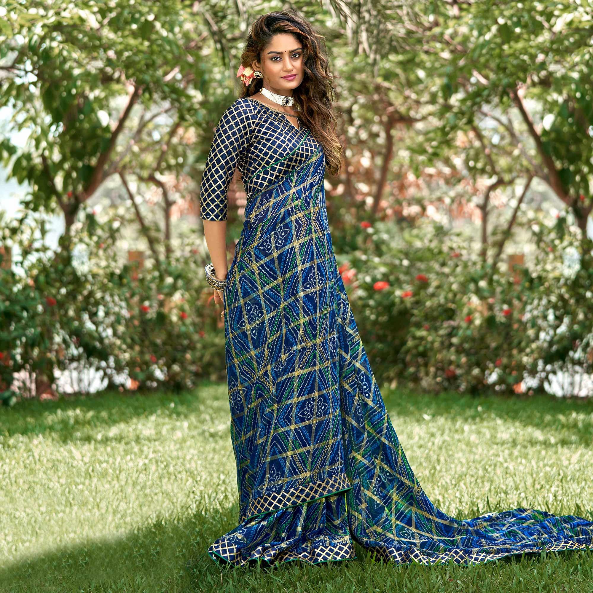 Blue Bandhani Printed-Checks Weaving Chiffon Saree - Peachmode