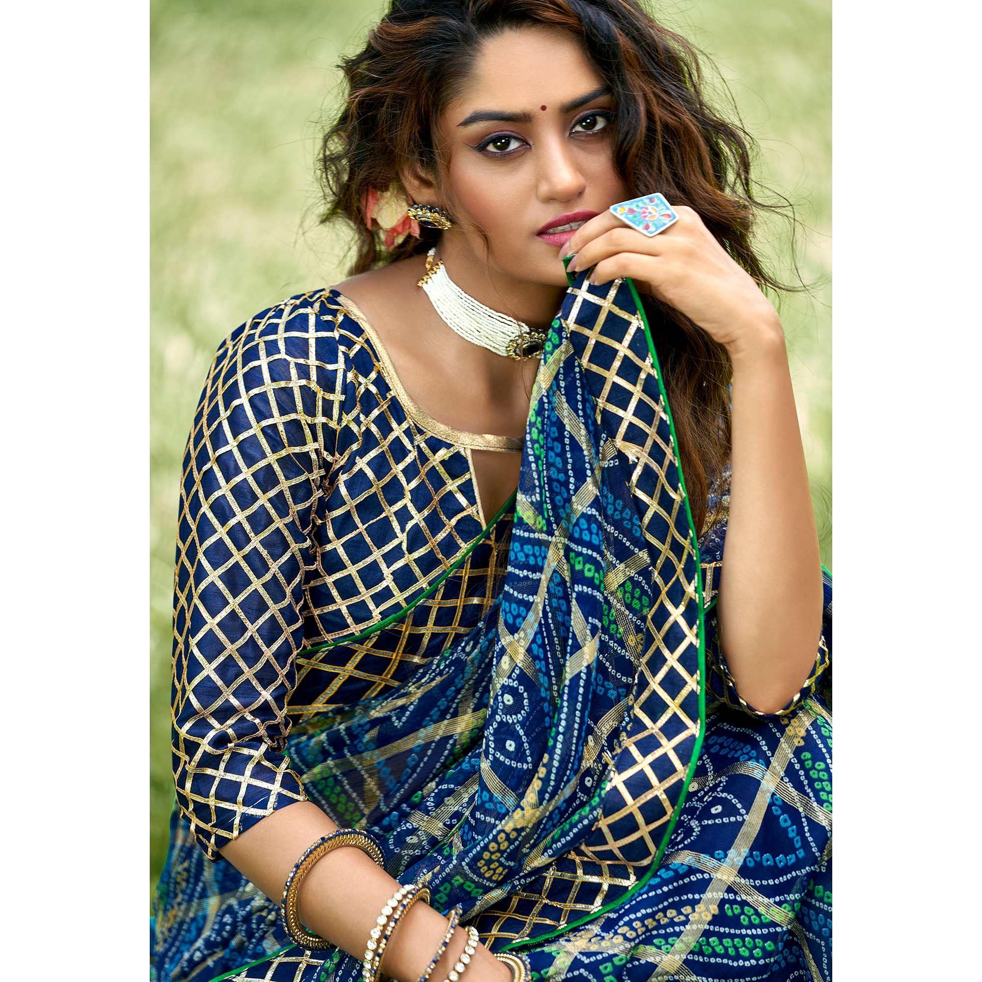Blue Bandhani Printed-Checks Weaving Chiffon Saree - Peachmode