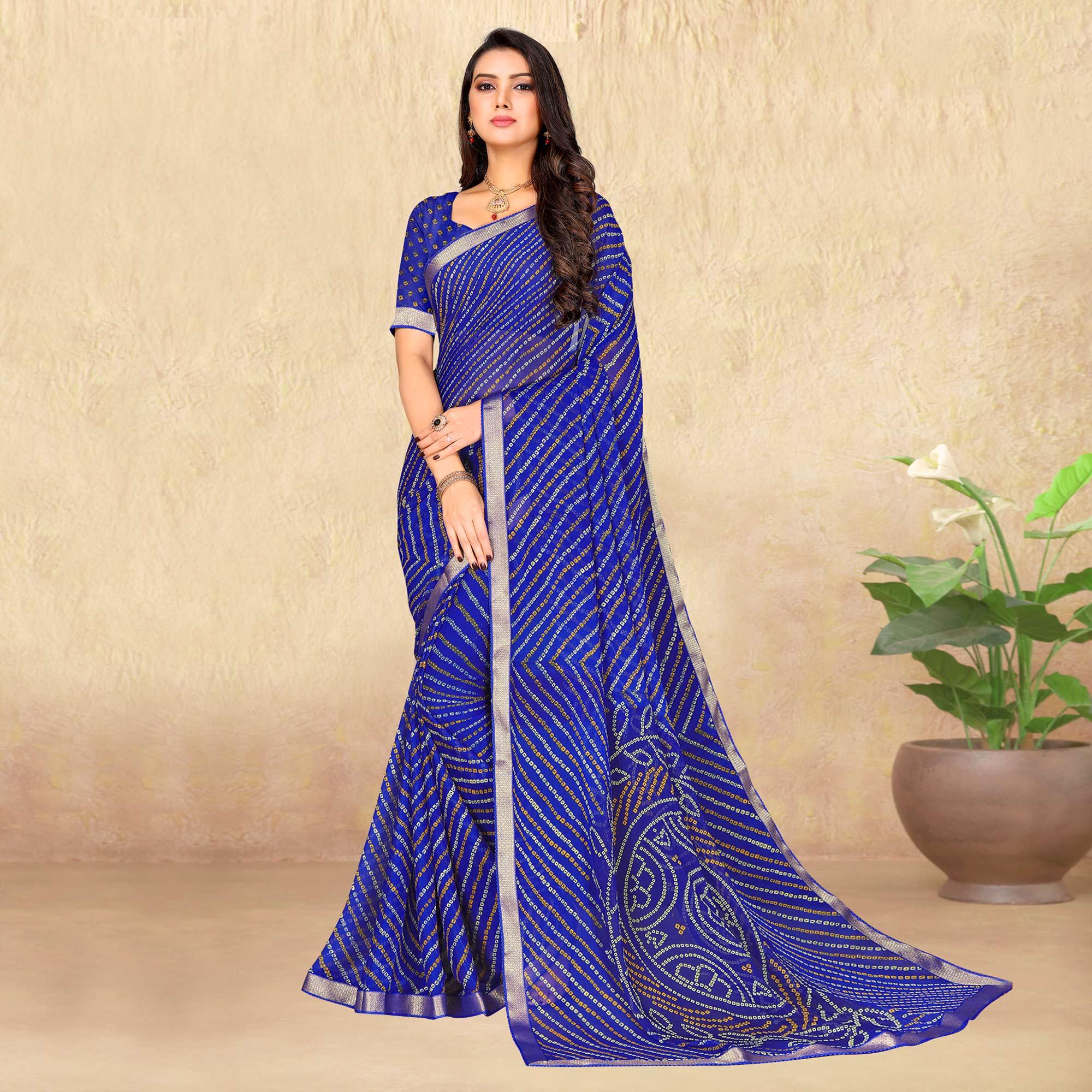 Blue Bandhani Printed Chiffon Saree - Peachmode