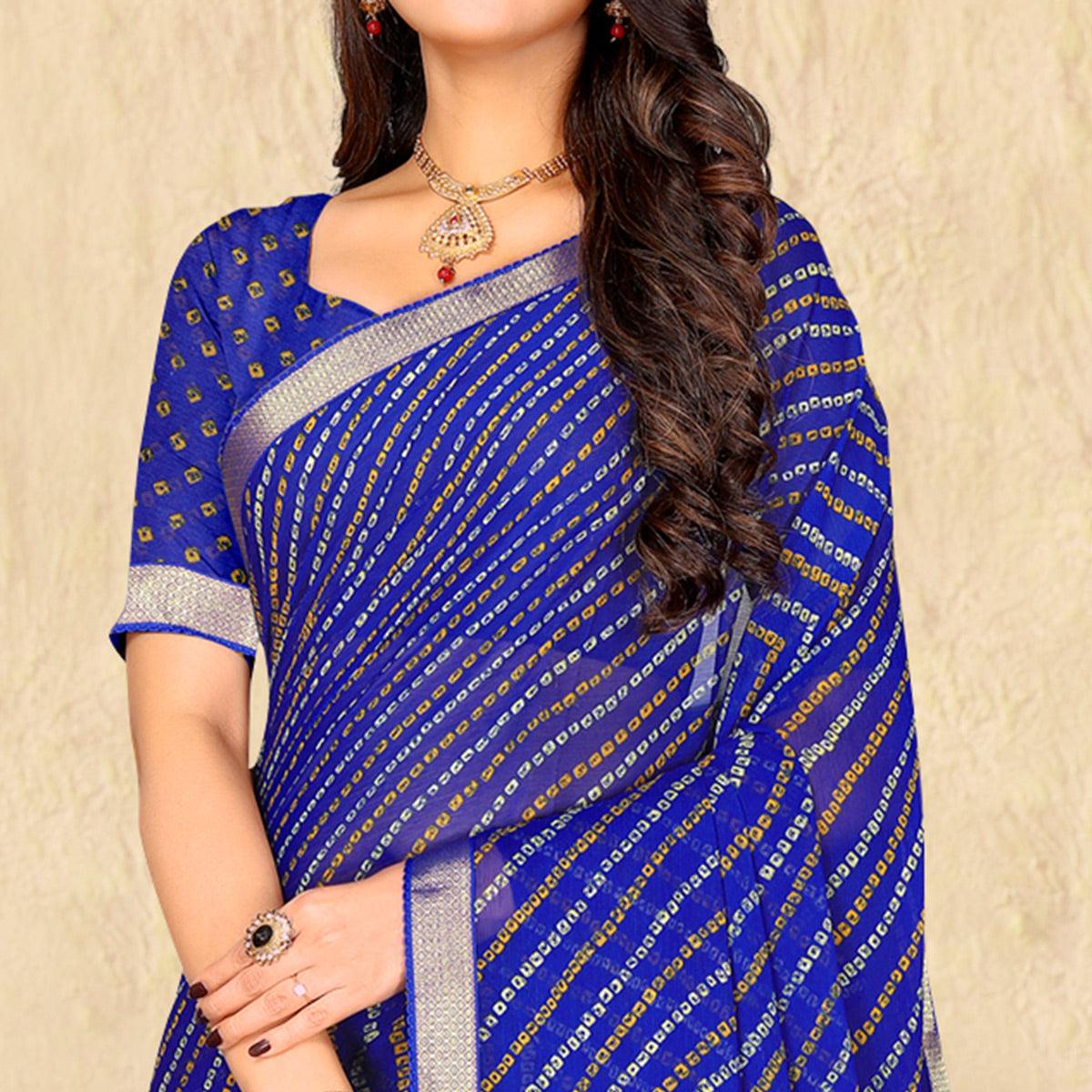 Blue Bandhani Printed Chiffon Saree - Peachmode