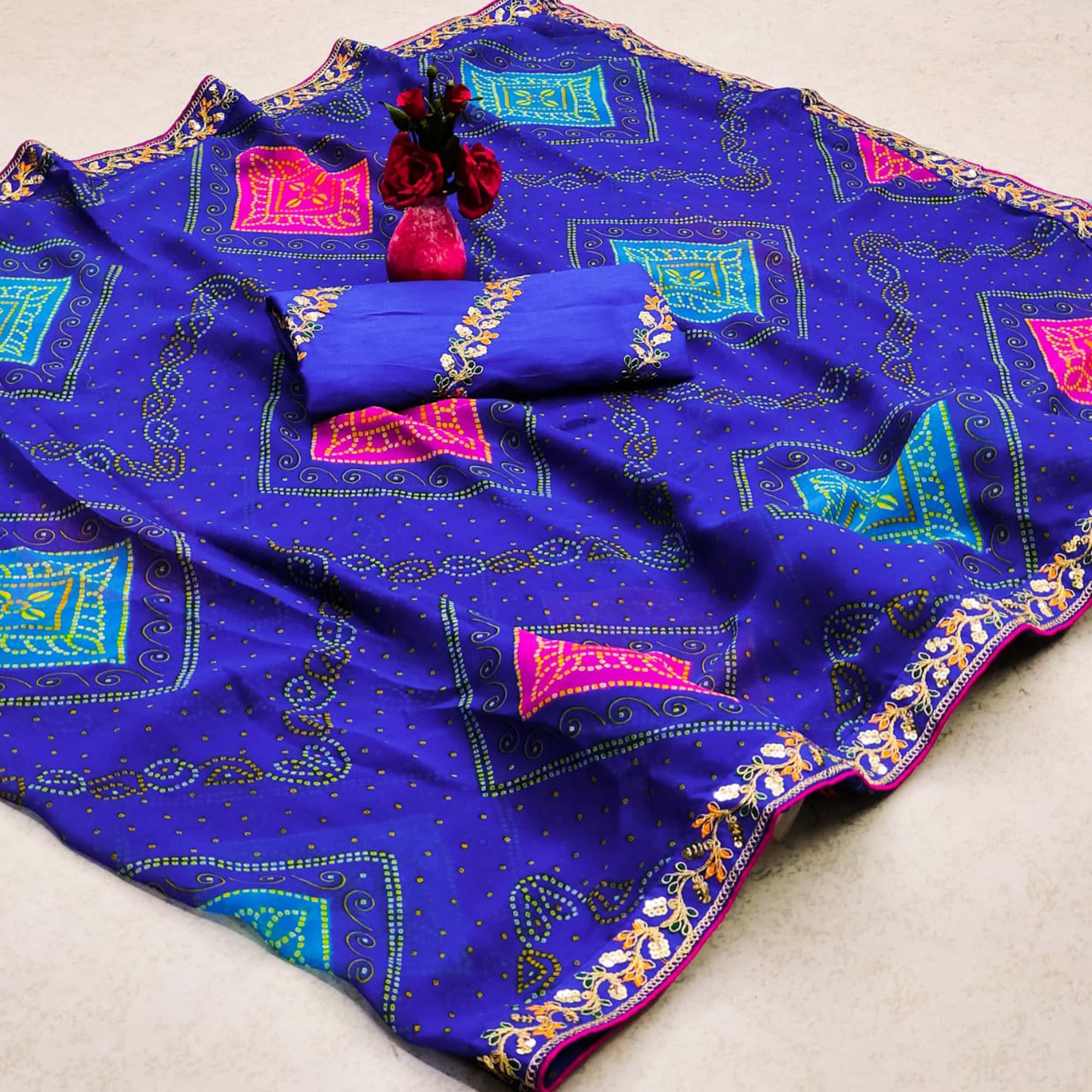 Blue Bandhani Printed Georgette Saree - Peachmode