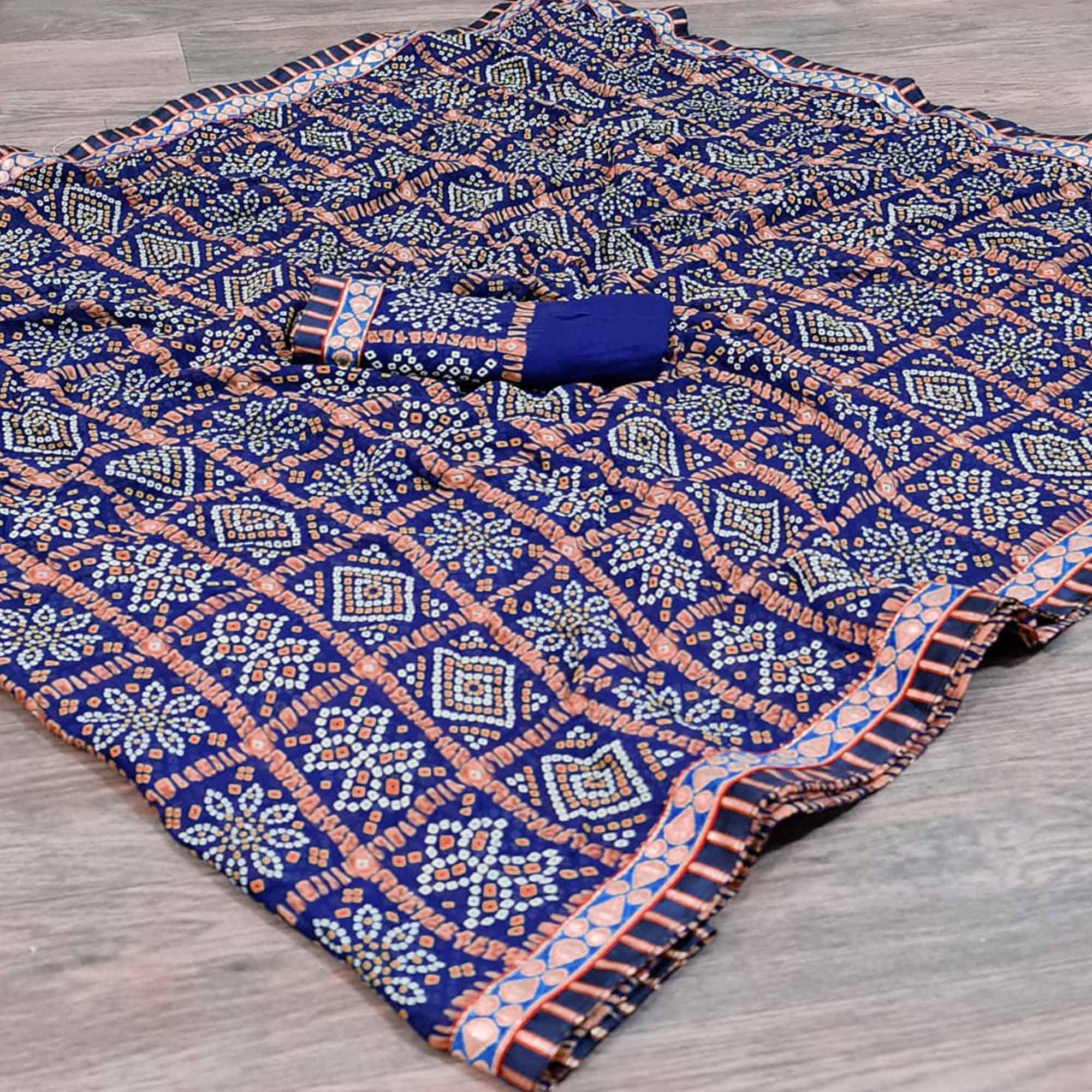 Blue Bandhani Printed Georgette Saree - Peachmode