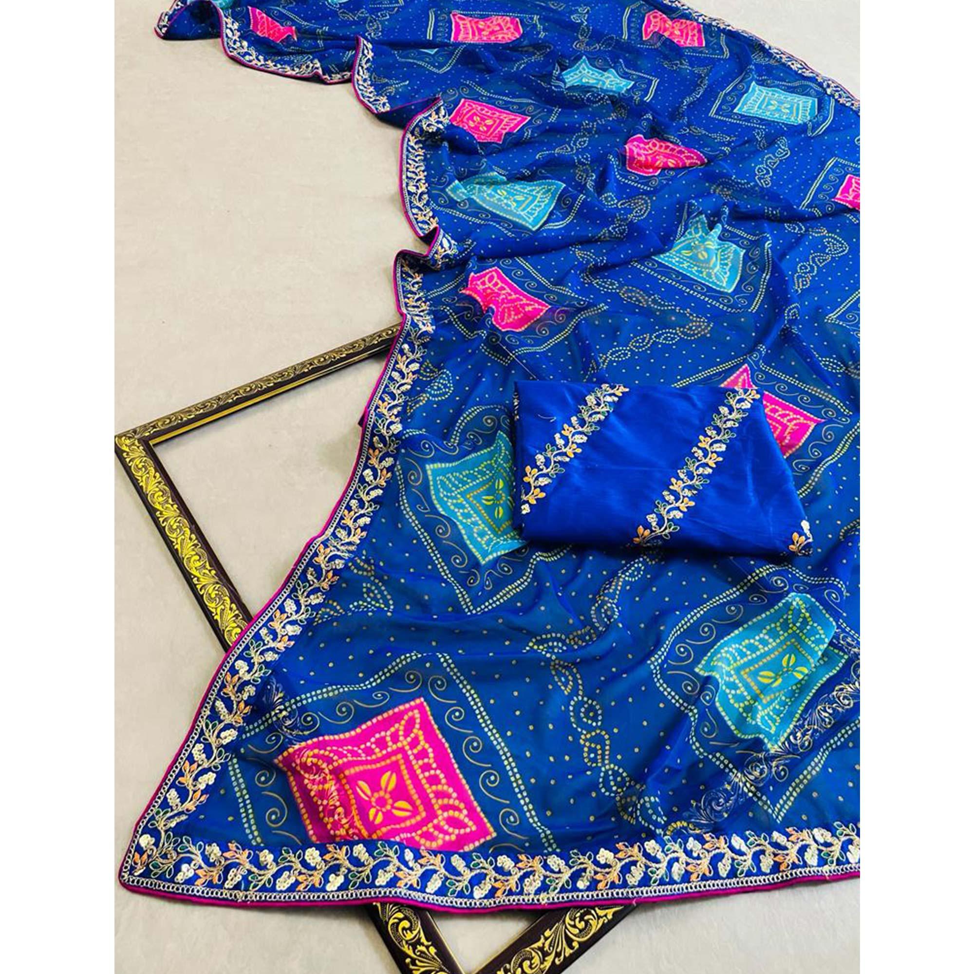 Blue Bandhani Printed Georgette Saree - Peachmode