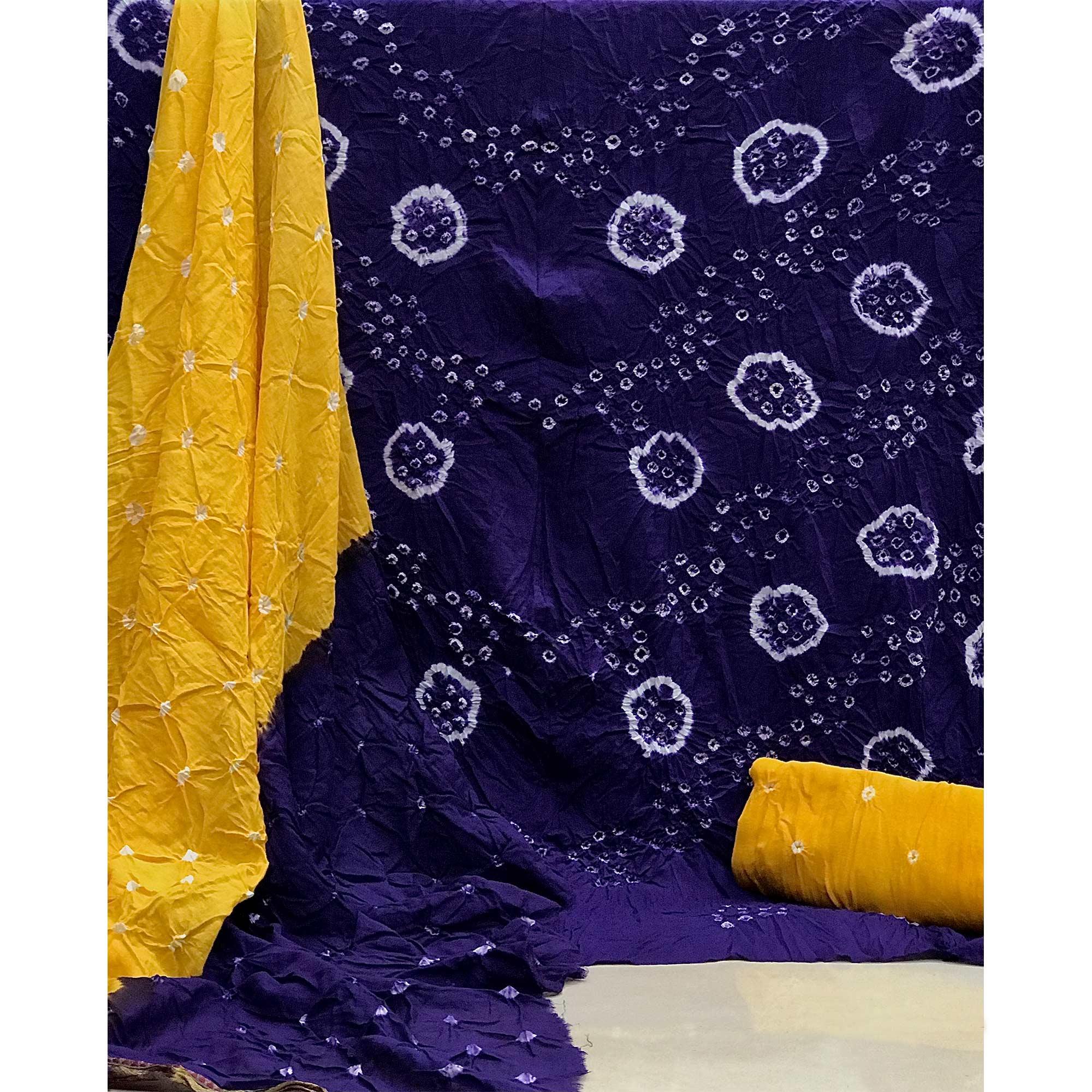 Blue Bandhani Printed Pure Cotton Dress Material - Peachmode